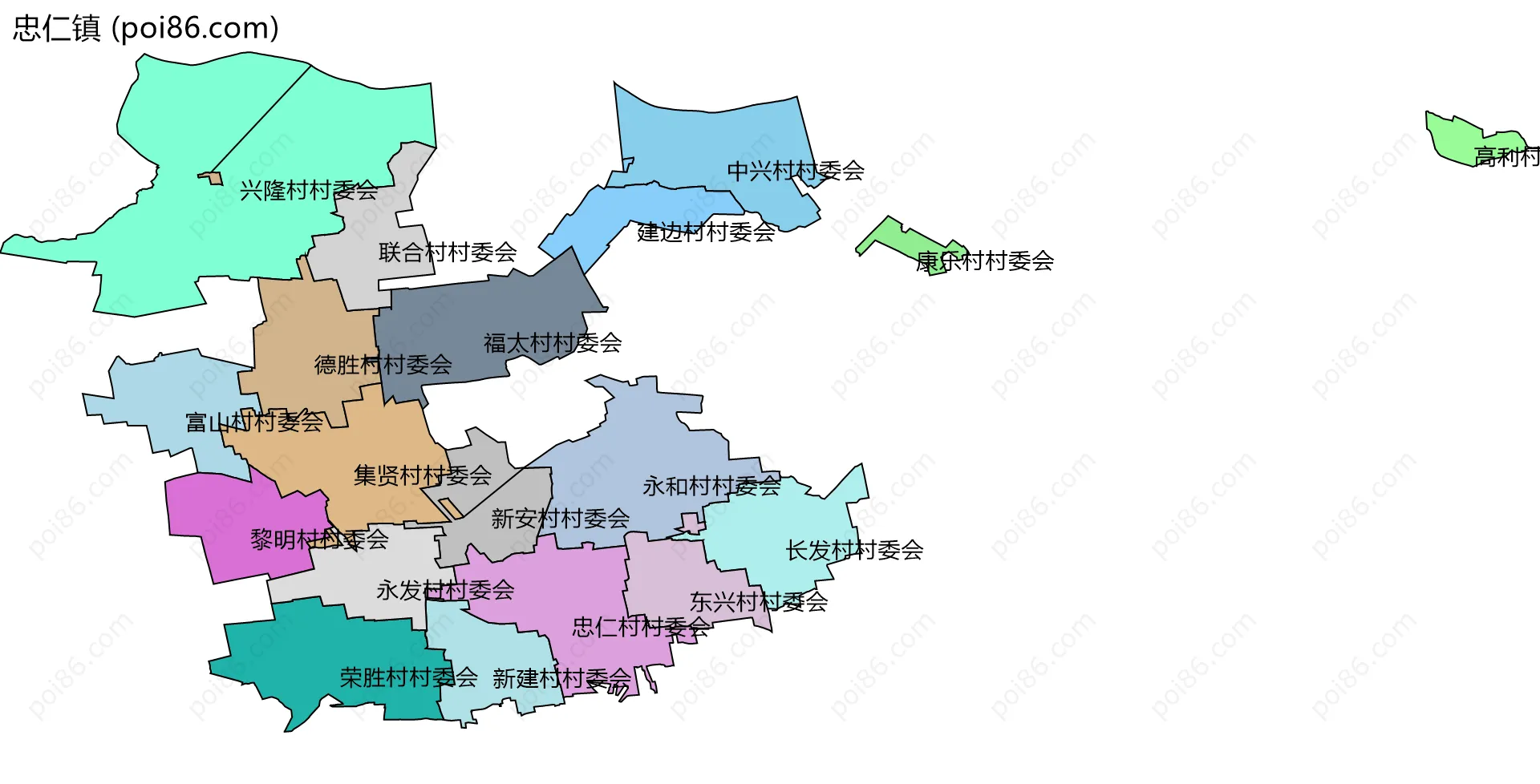 忠仁镇边界地图(五级行政区划)