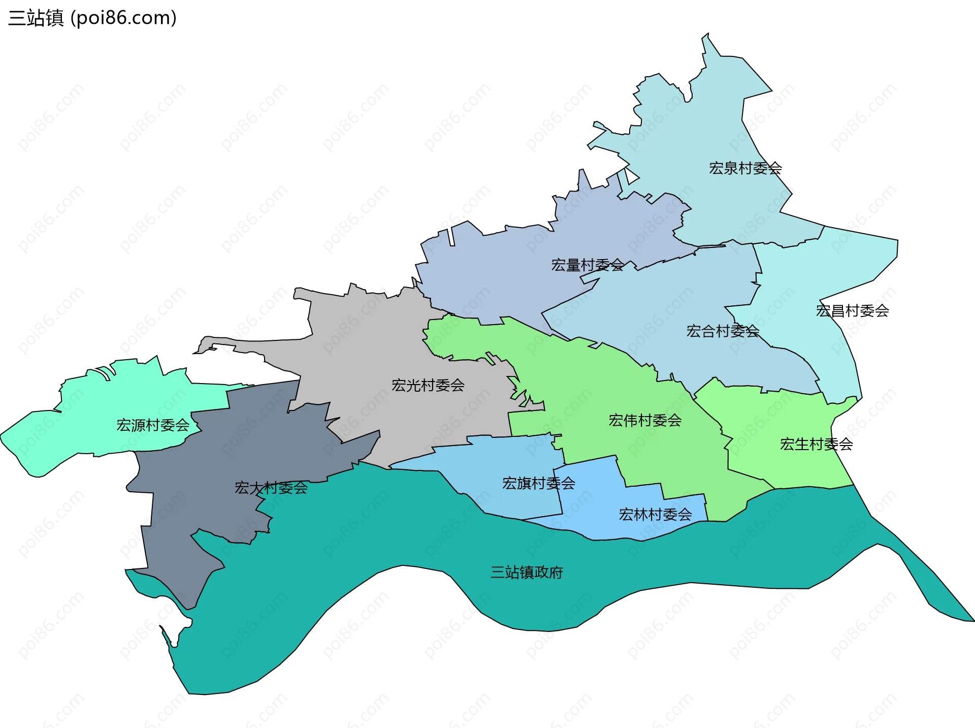 三站镇边界地图(五级行政区划)