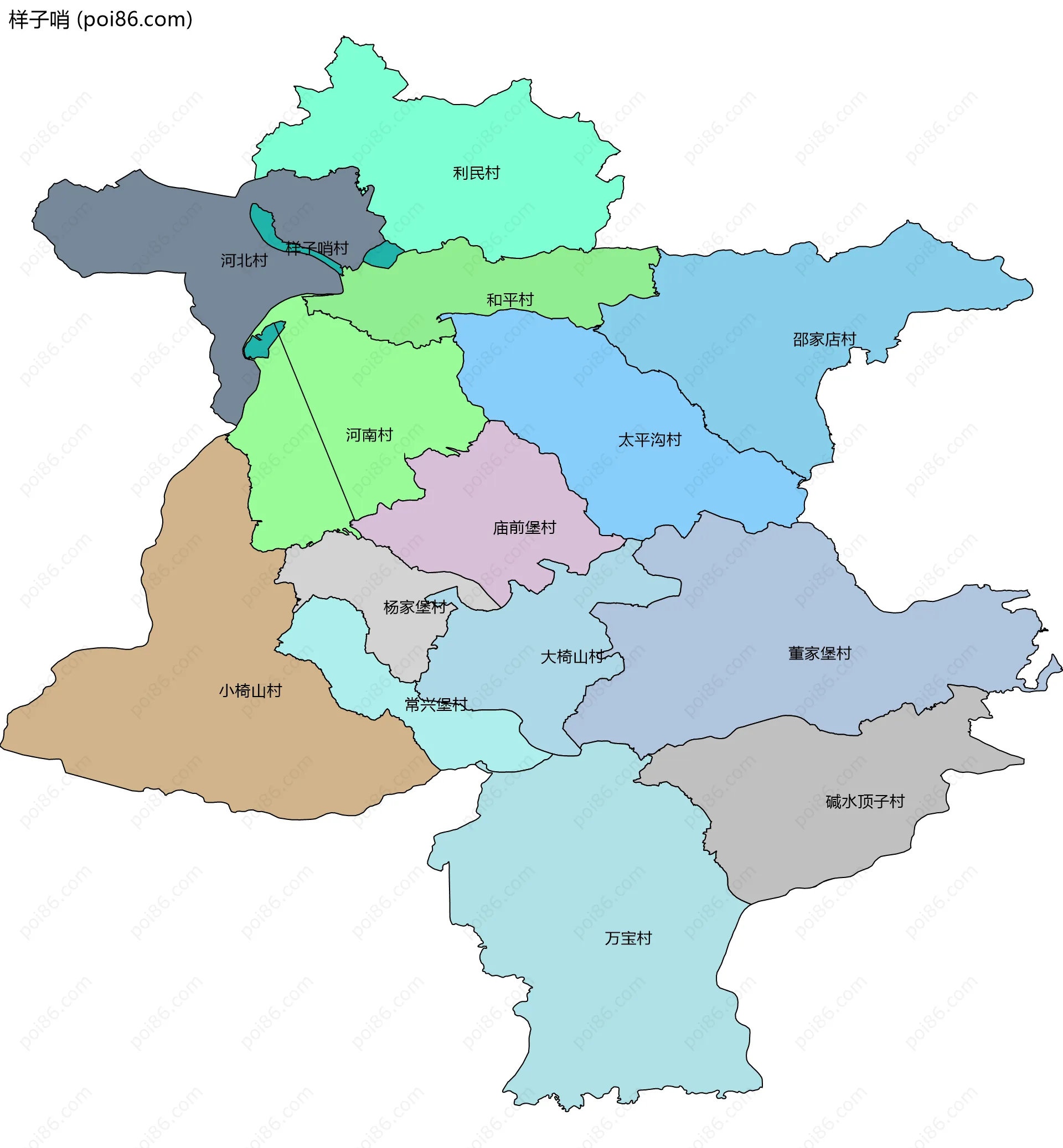 样子哨边界地图(五级行政区划)