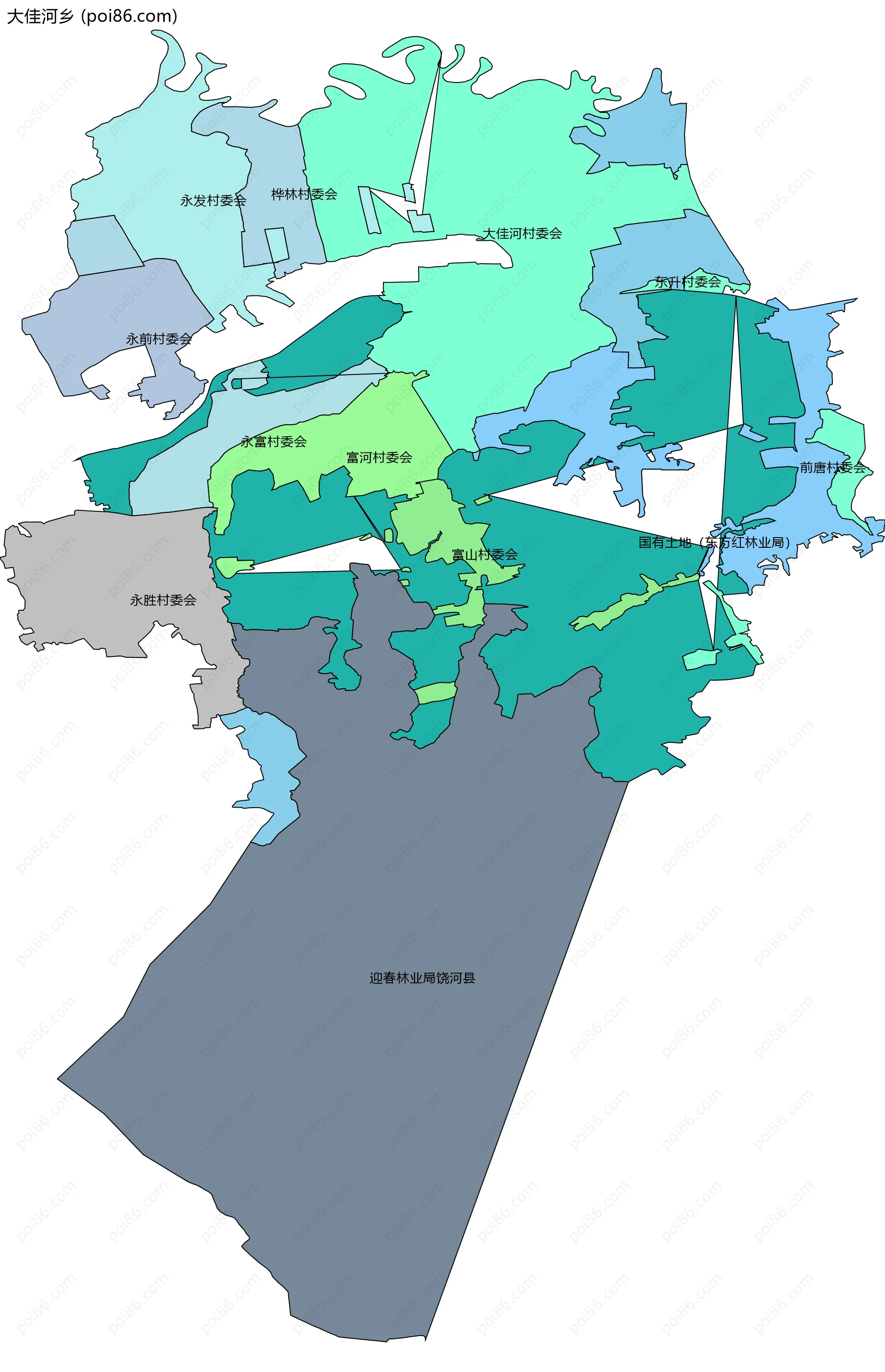 大佳河乡边界地图(五级行政区划)