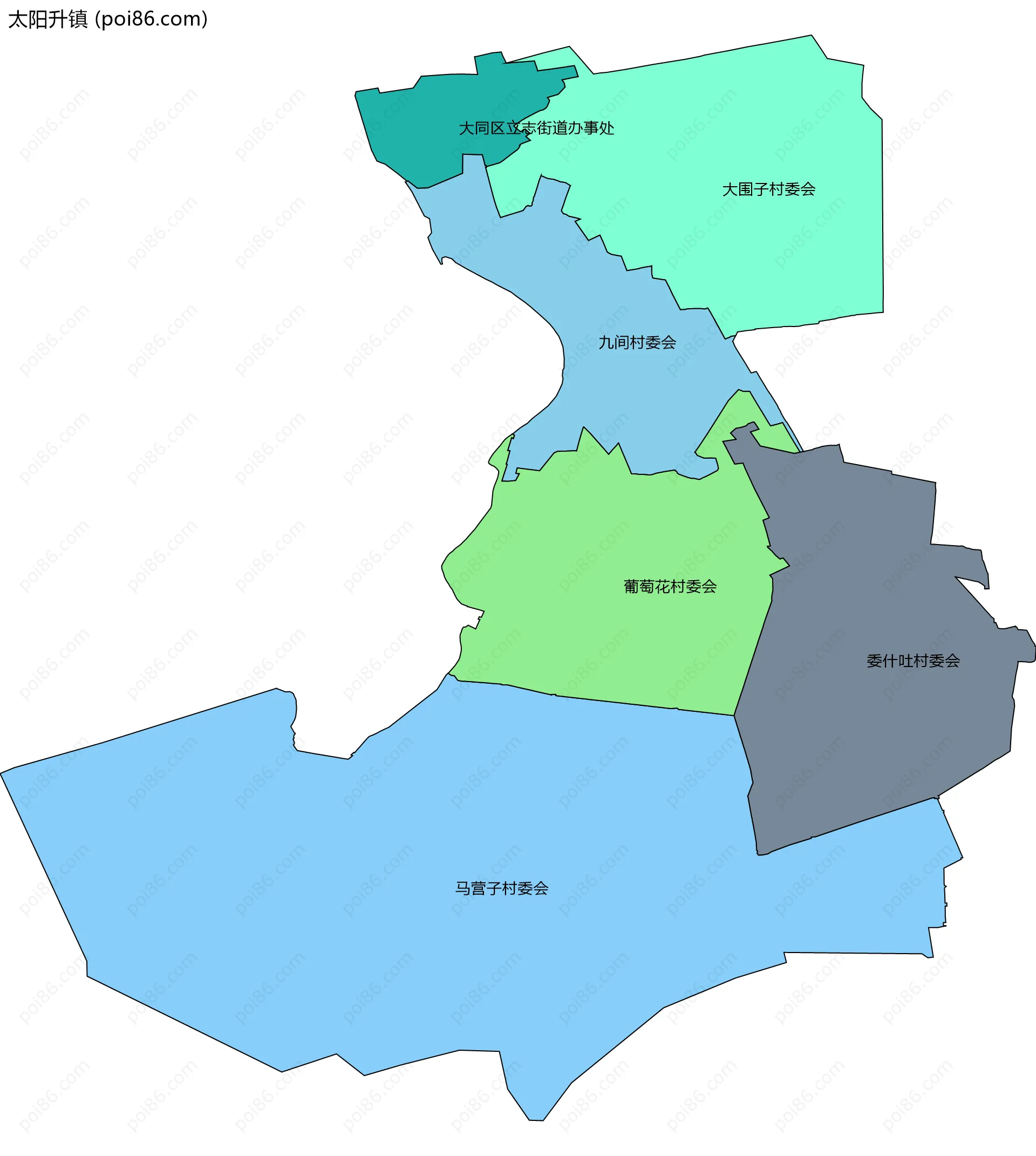 太阳升镇边界地图(五级行政区划)