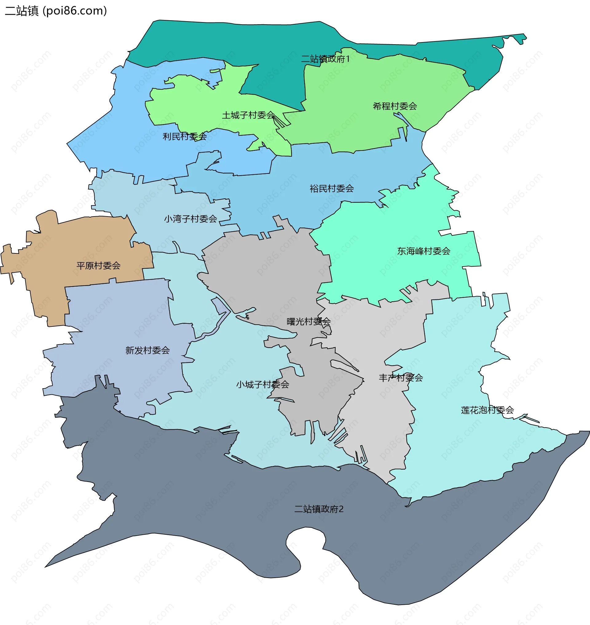 二站镇边界地图(五级行政区划)