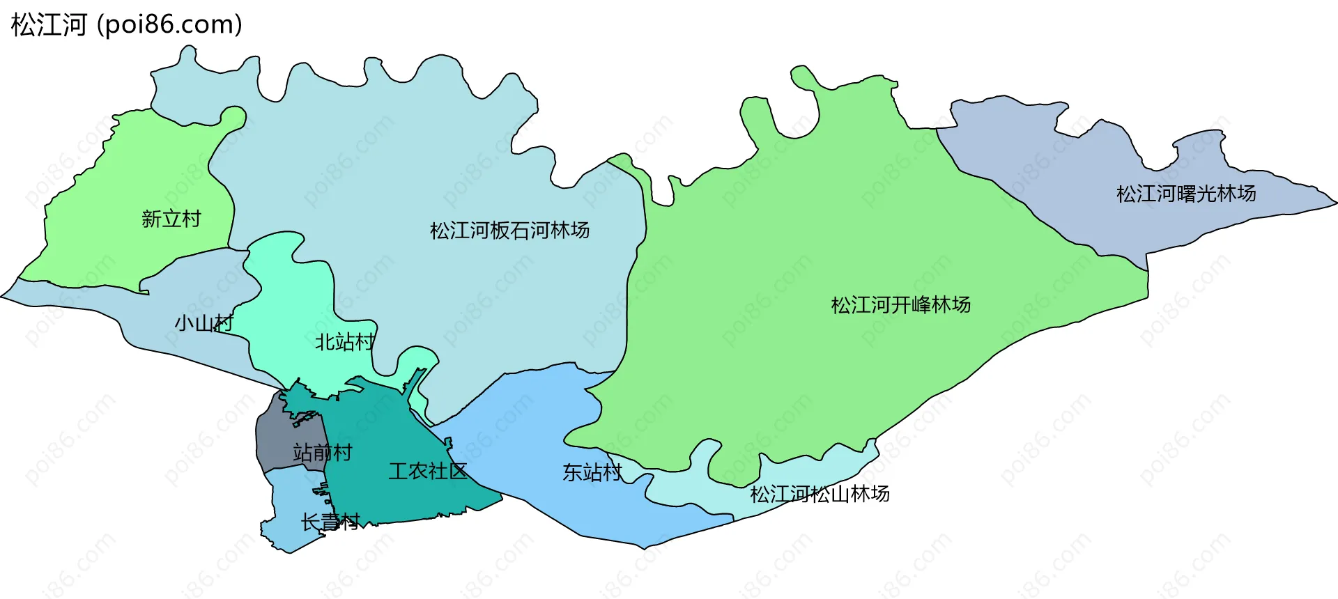 松江河边界地图(五级行政区划)