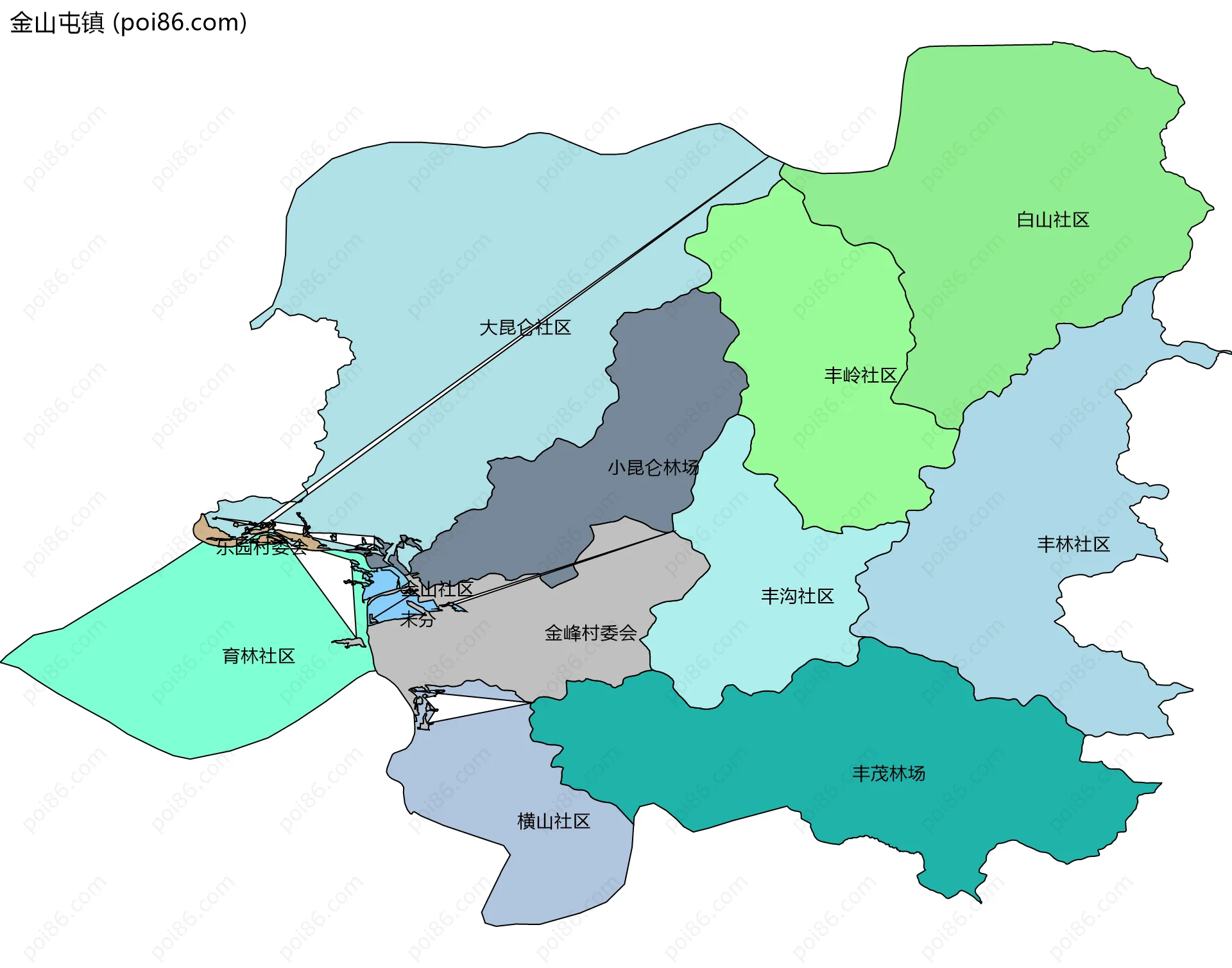 金山屯镇边界地图(五级行政区划)