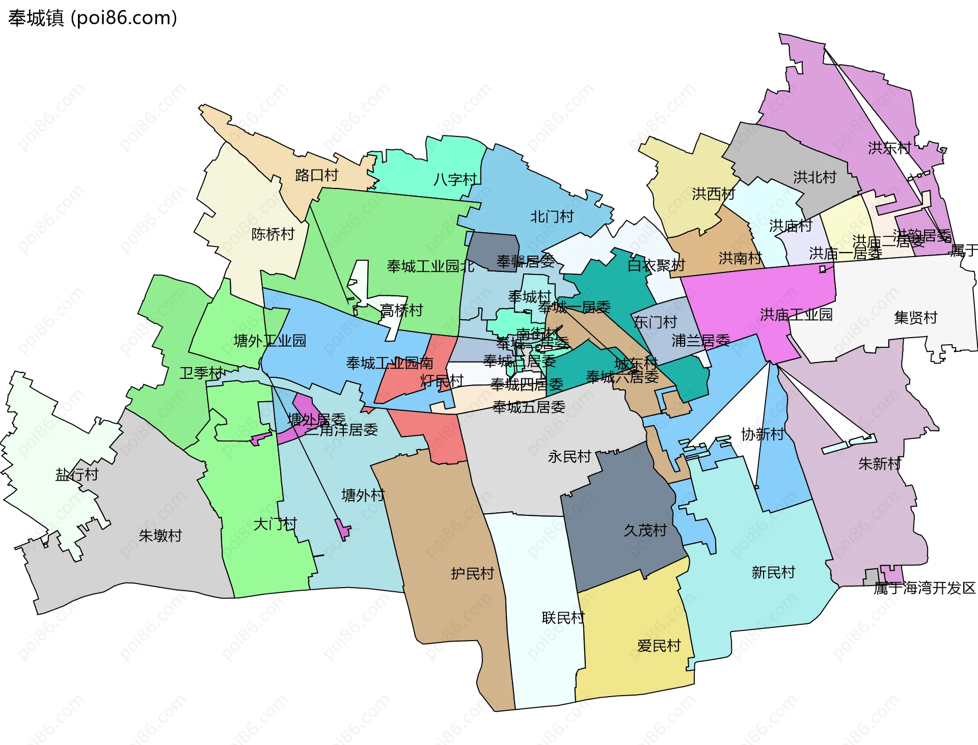 奉城镇边界地图(五级行政区划)