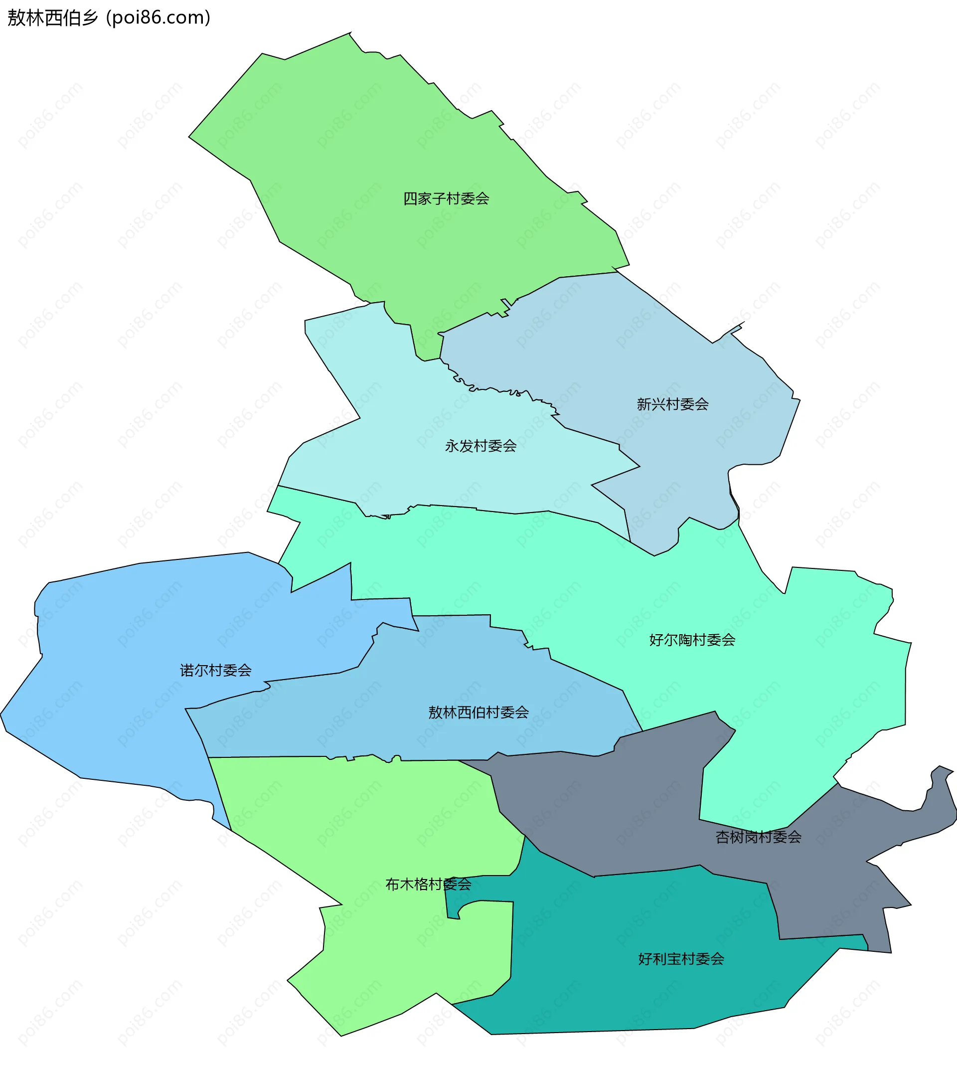 敖林西伯乡边界地图(五级行政区划)