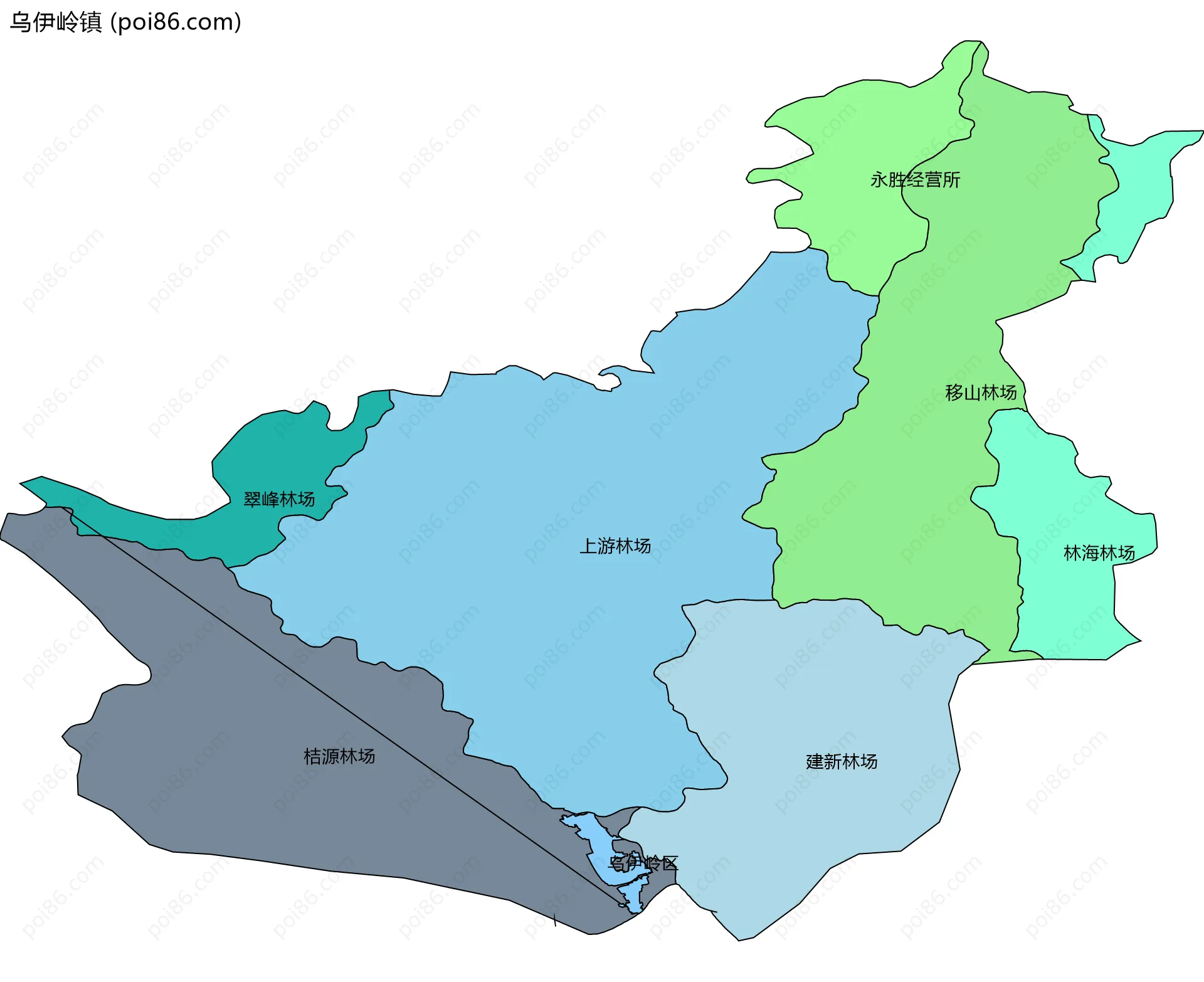 乌伊岭镇边界地图(五级行政区划)