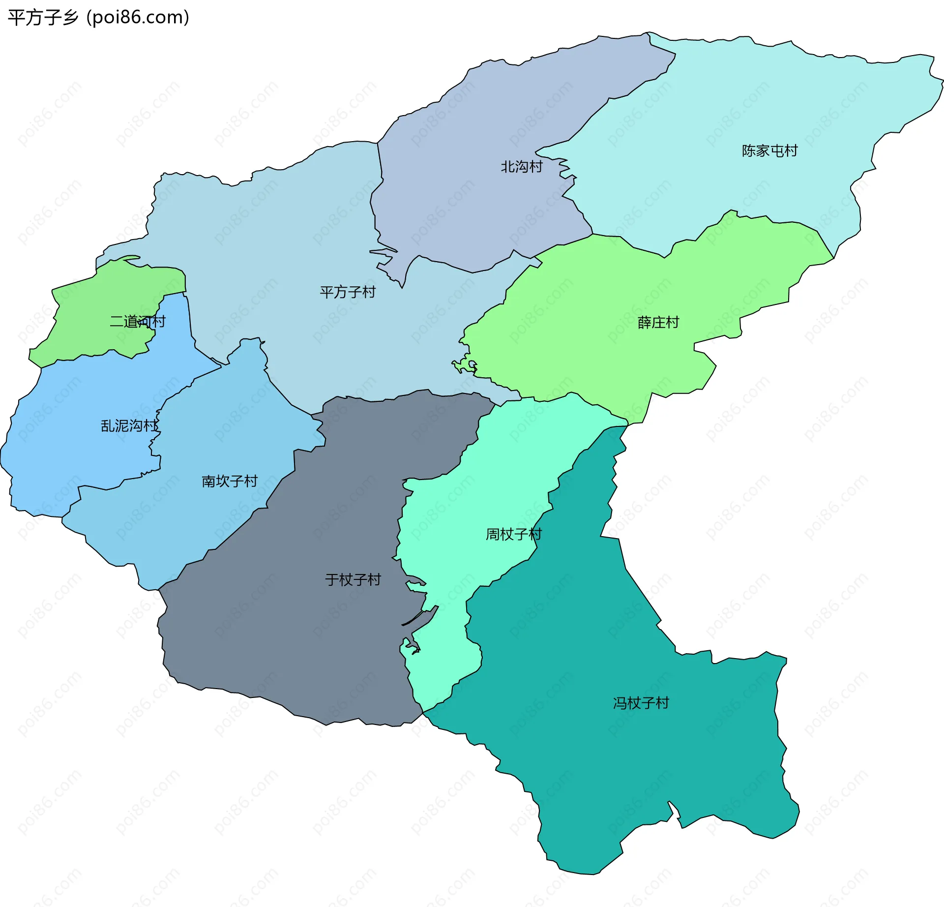 平方子乡边界地图(五级行政区划)
