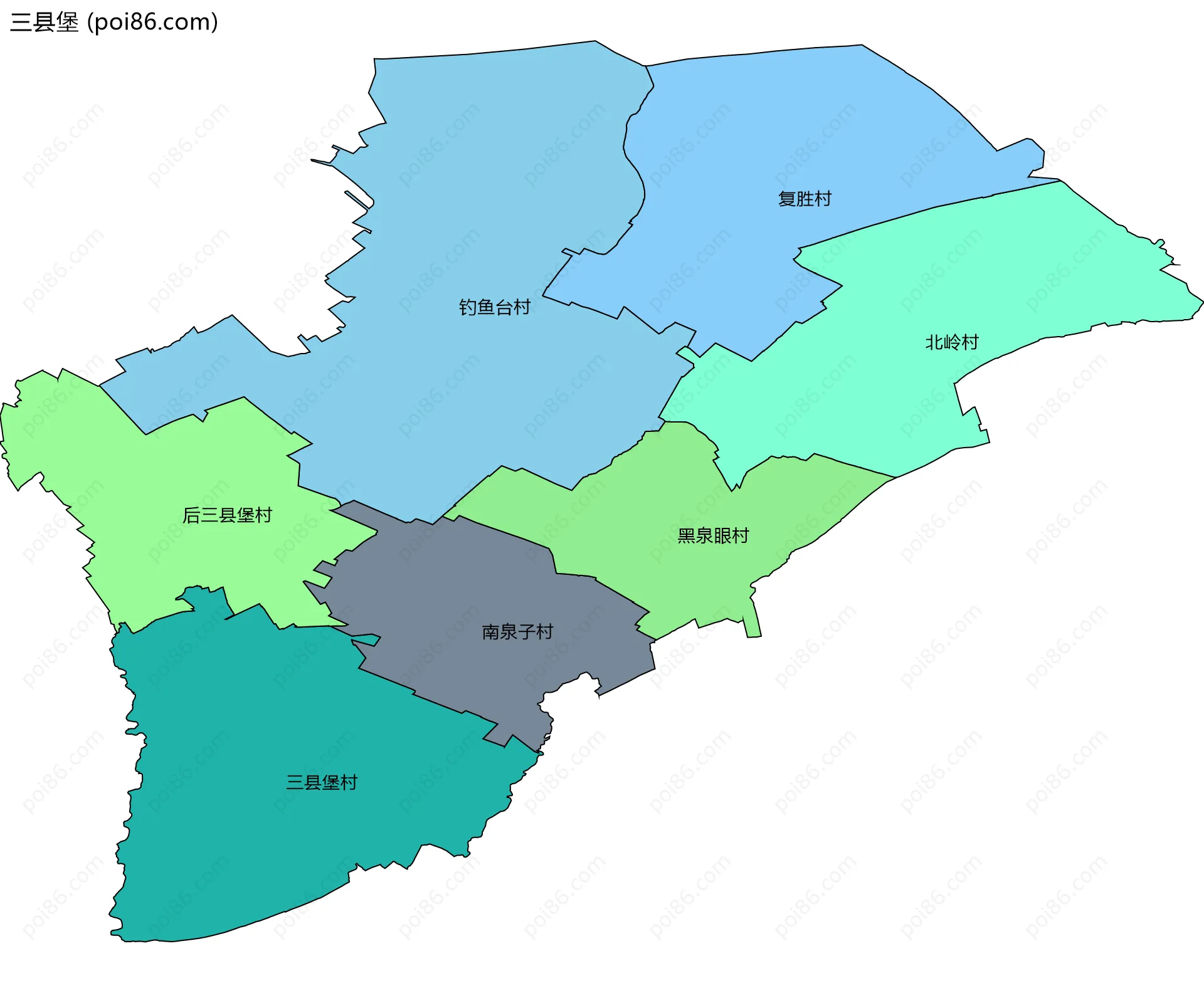 三县堡边界地图(五级行政区划)