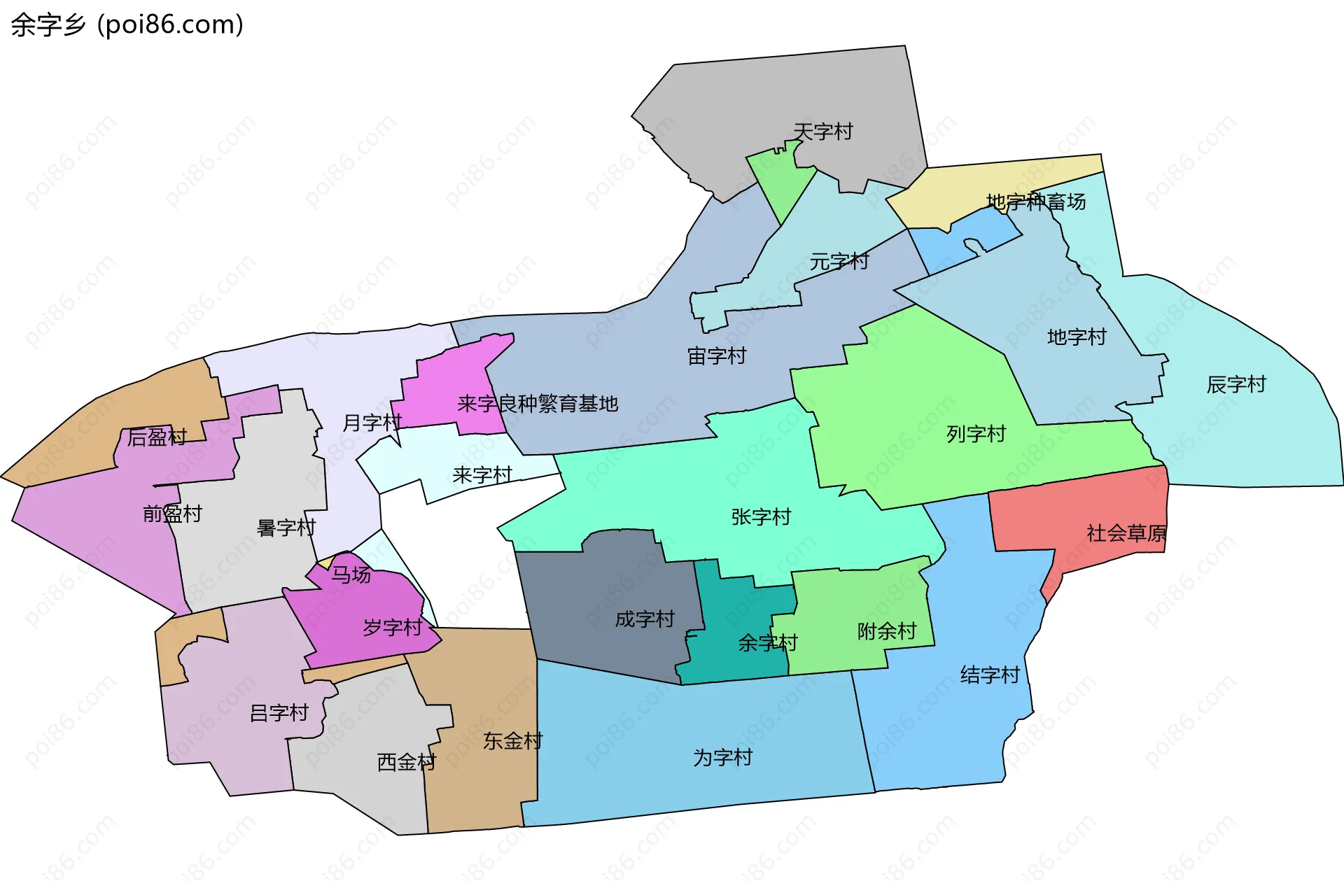 余字乡边界地图(五级行政区划)