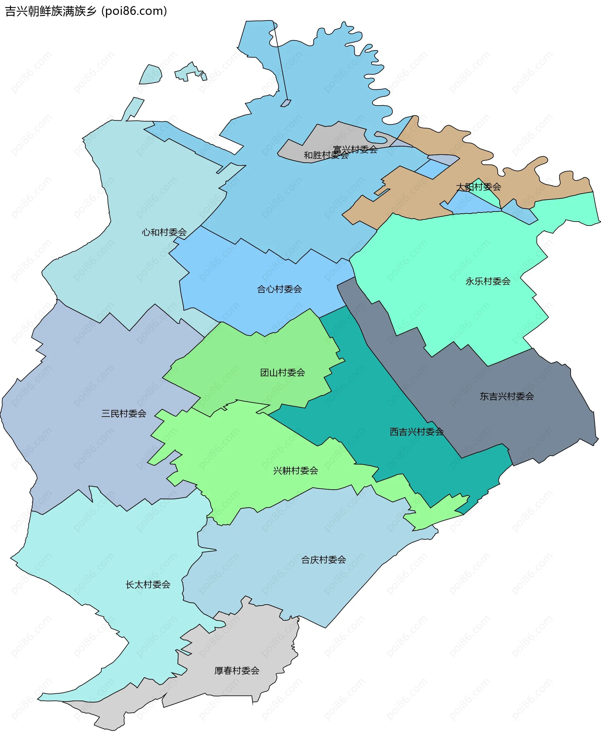 吉兴朝鲜族满族乡边界地图(五级行政区划)