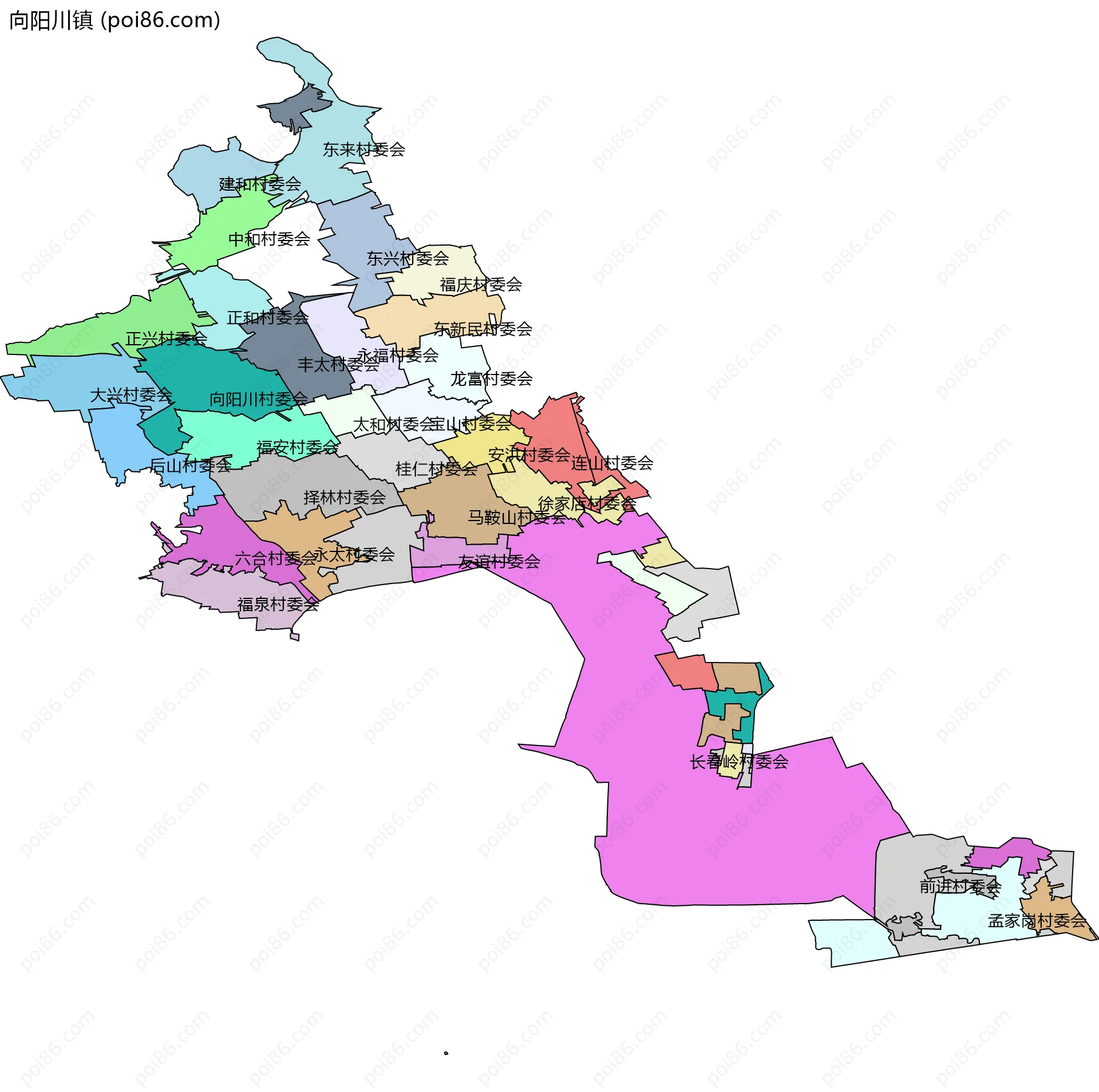 向阳川镇边界地图(五级行政区划)