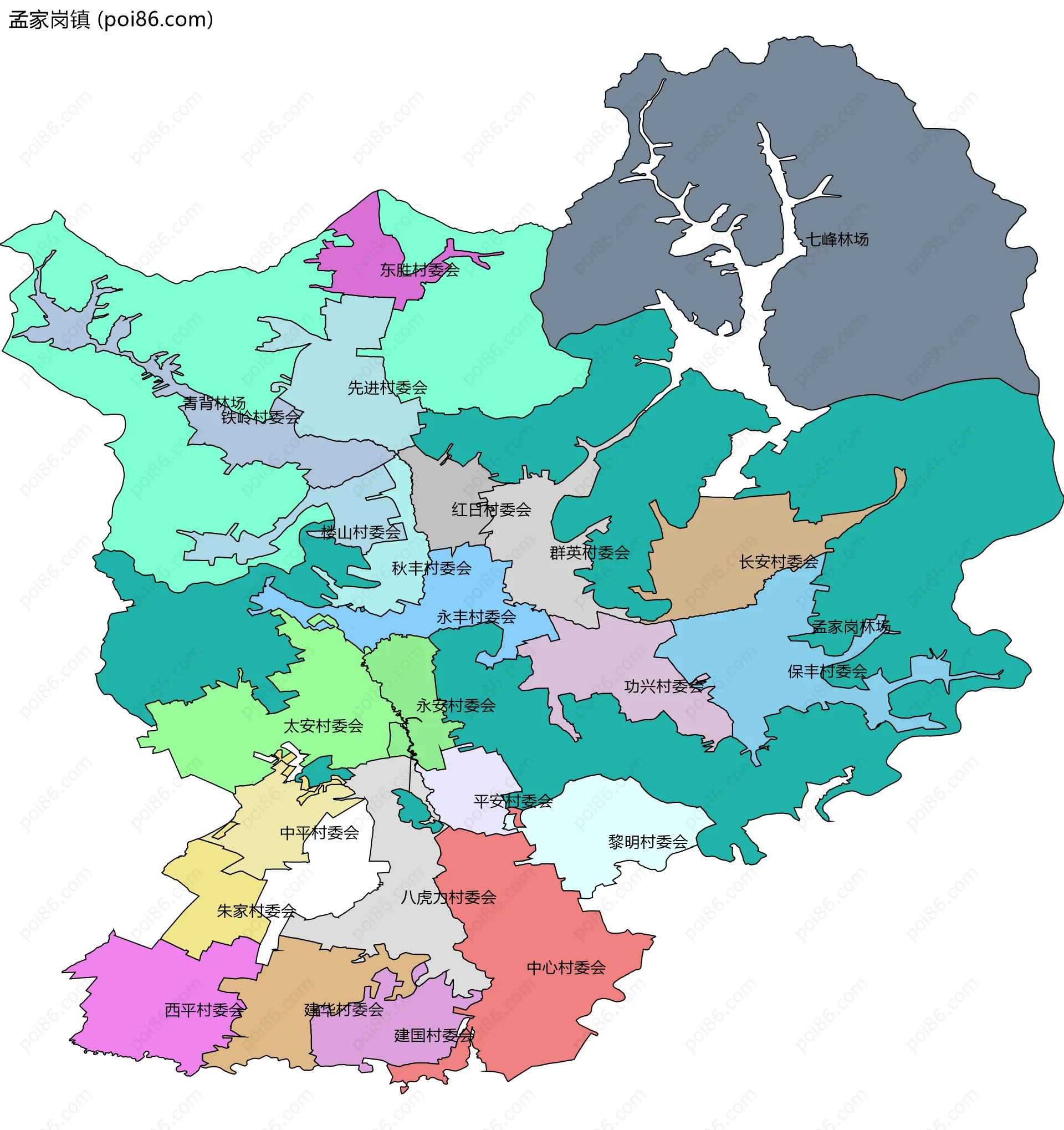 孟家岗镇边界地图(五级行政区划)