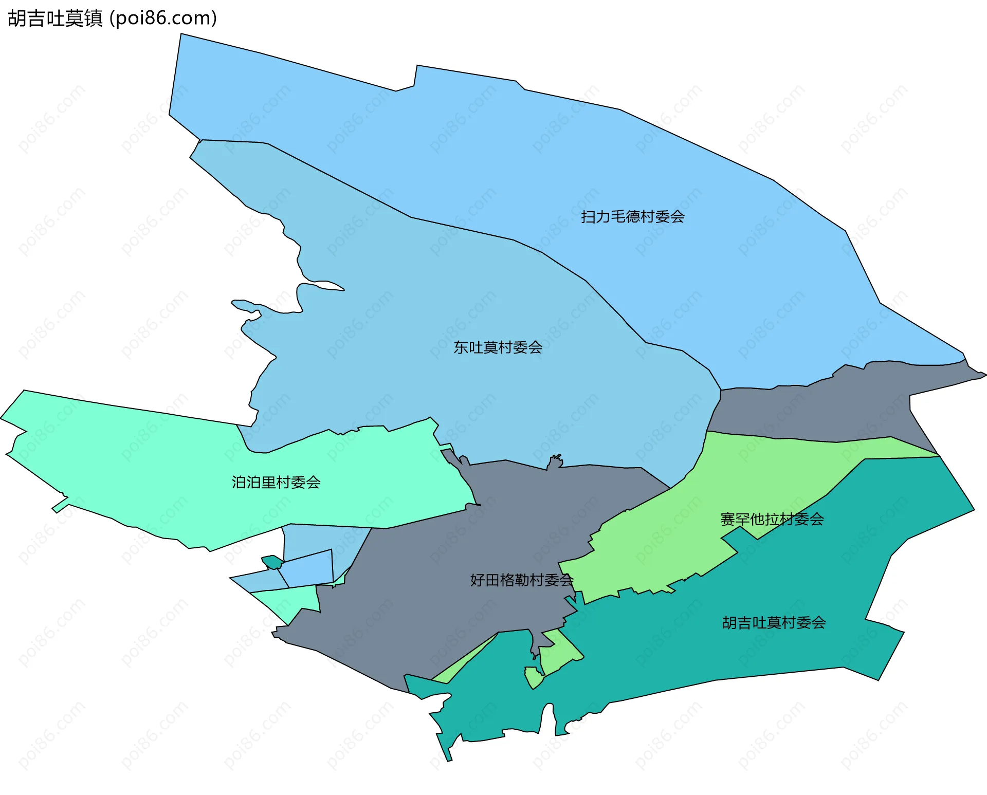 胡吉吐莫镇边界地图(五级行政区划)