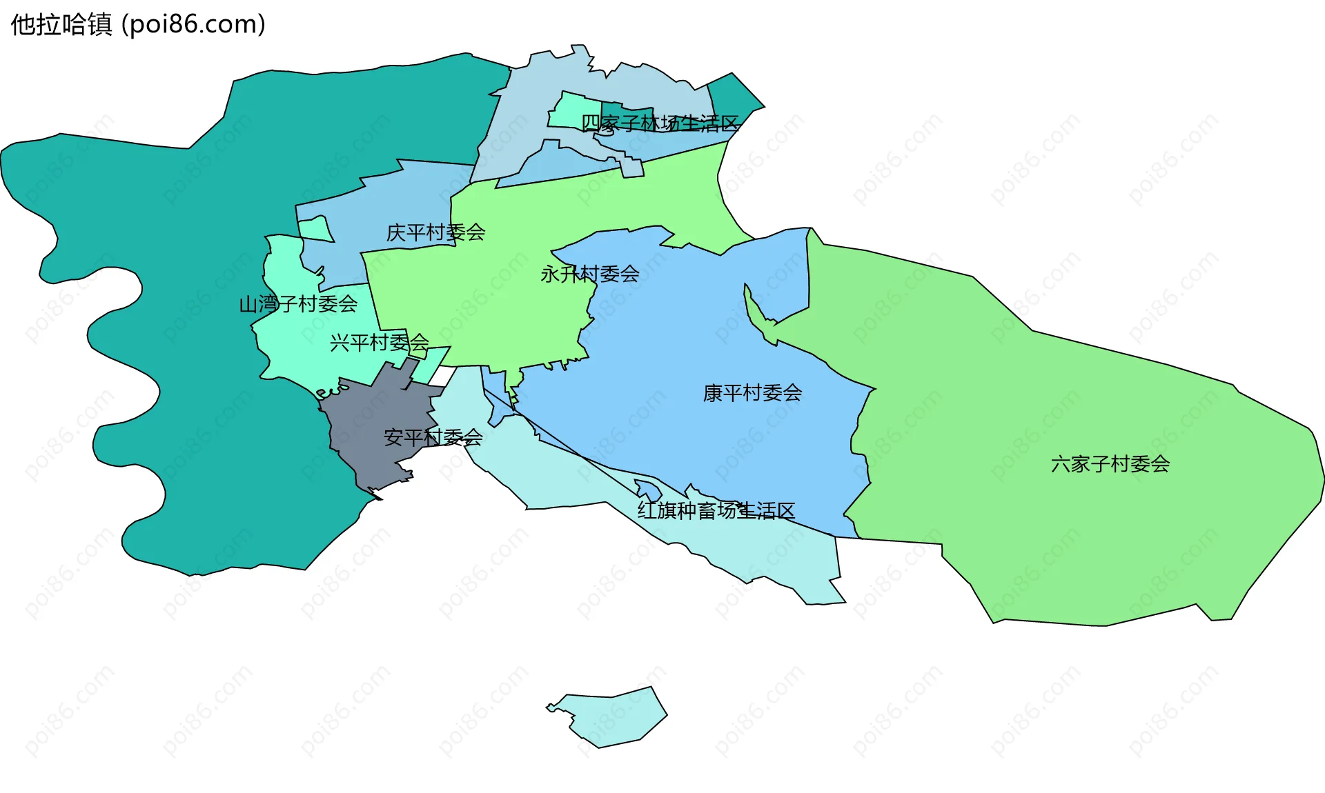 他拉哈镇边界地图(五级行政区划)