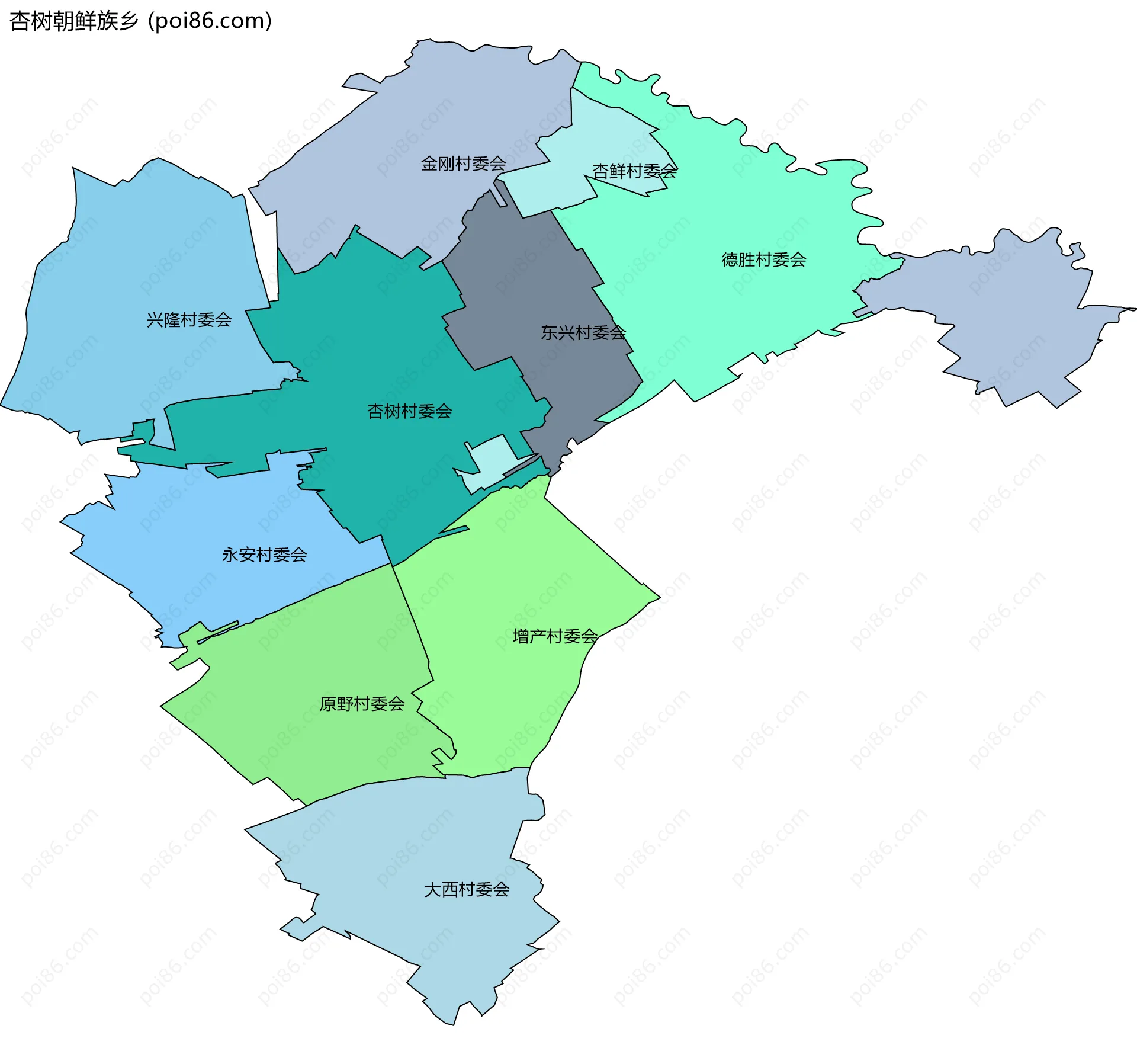 杏树朝鲜族乡边界地图(五级行政区划)