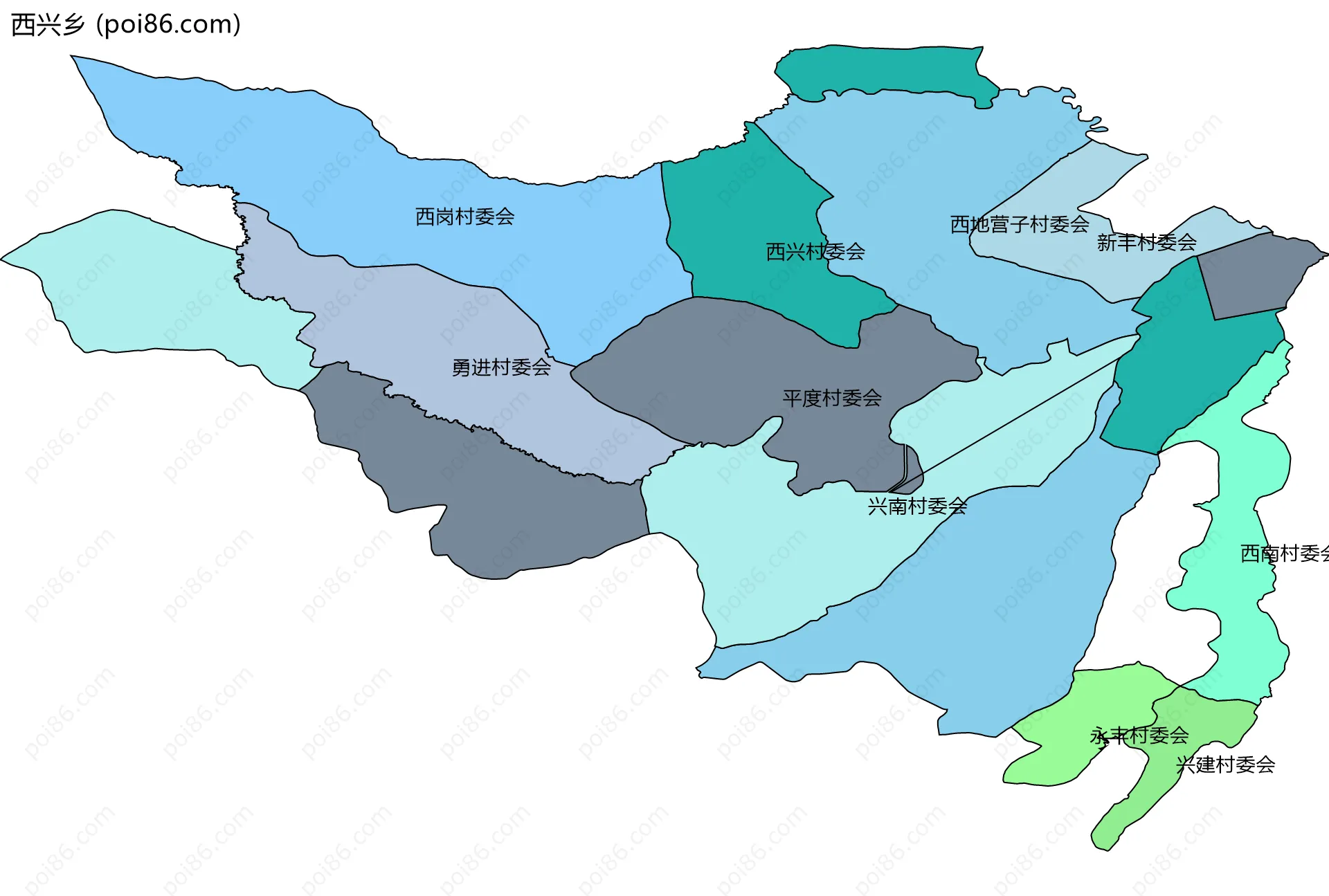 西兴乡边界地图(五级行政区划)