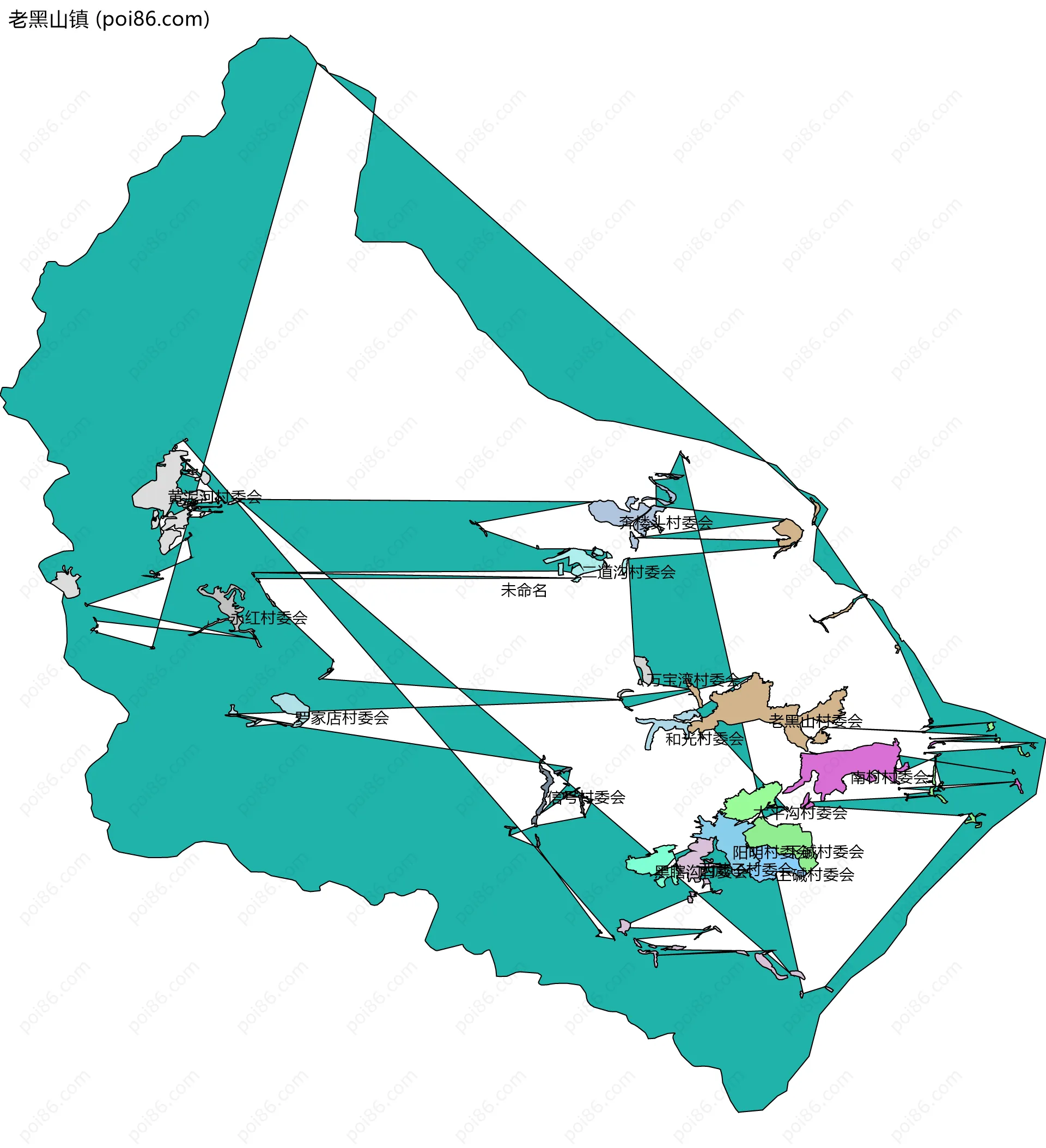 老黑山镇边界地图(五级行政区划)