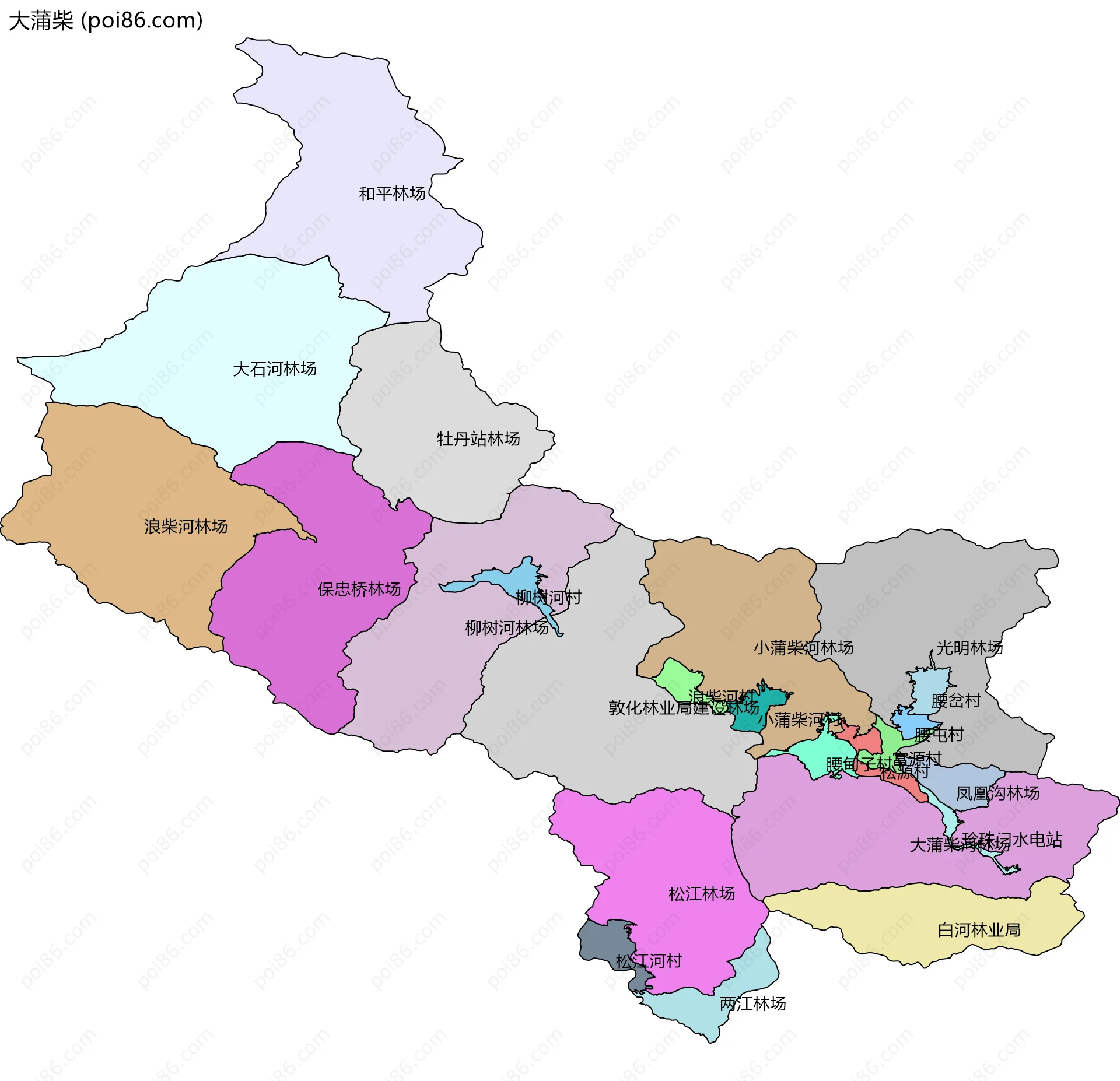 大蒲柴边界地图(五级行政区划)