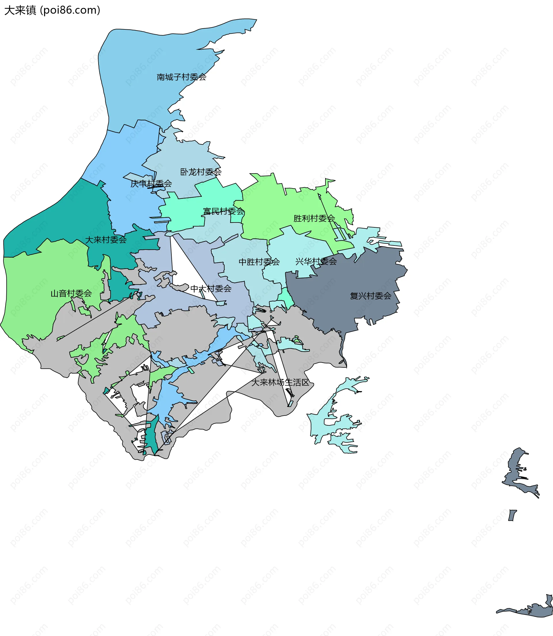 大来镇边界地图(五级行政区划)