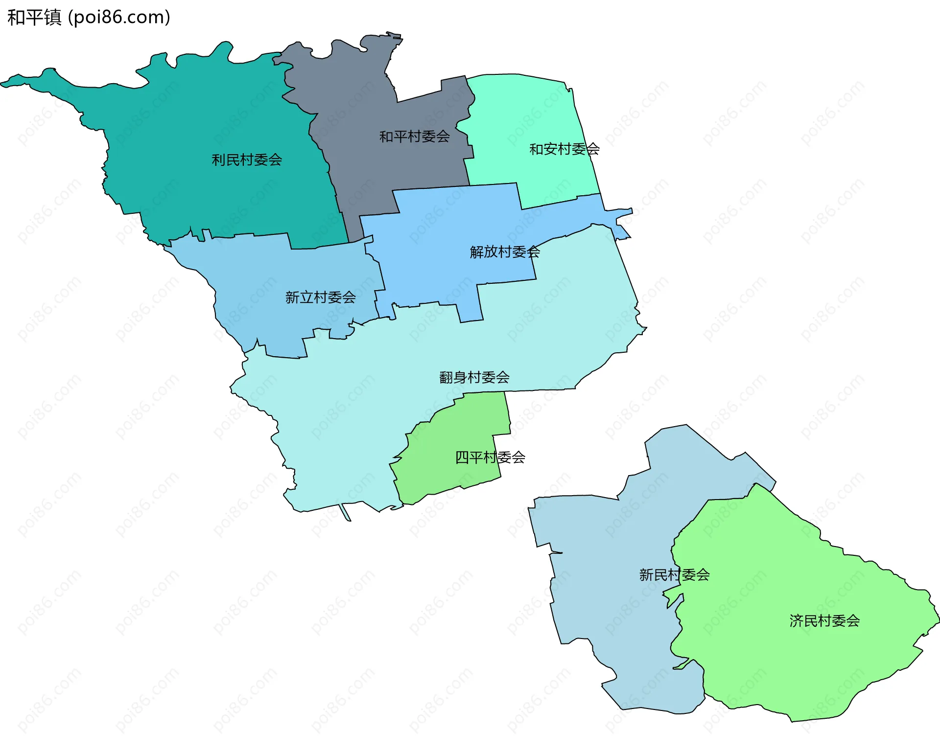 和平镇边界地图(五级行政区划)