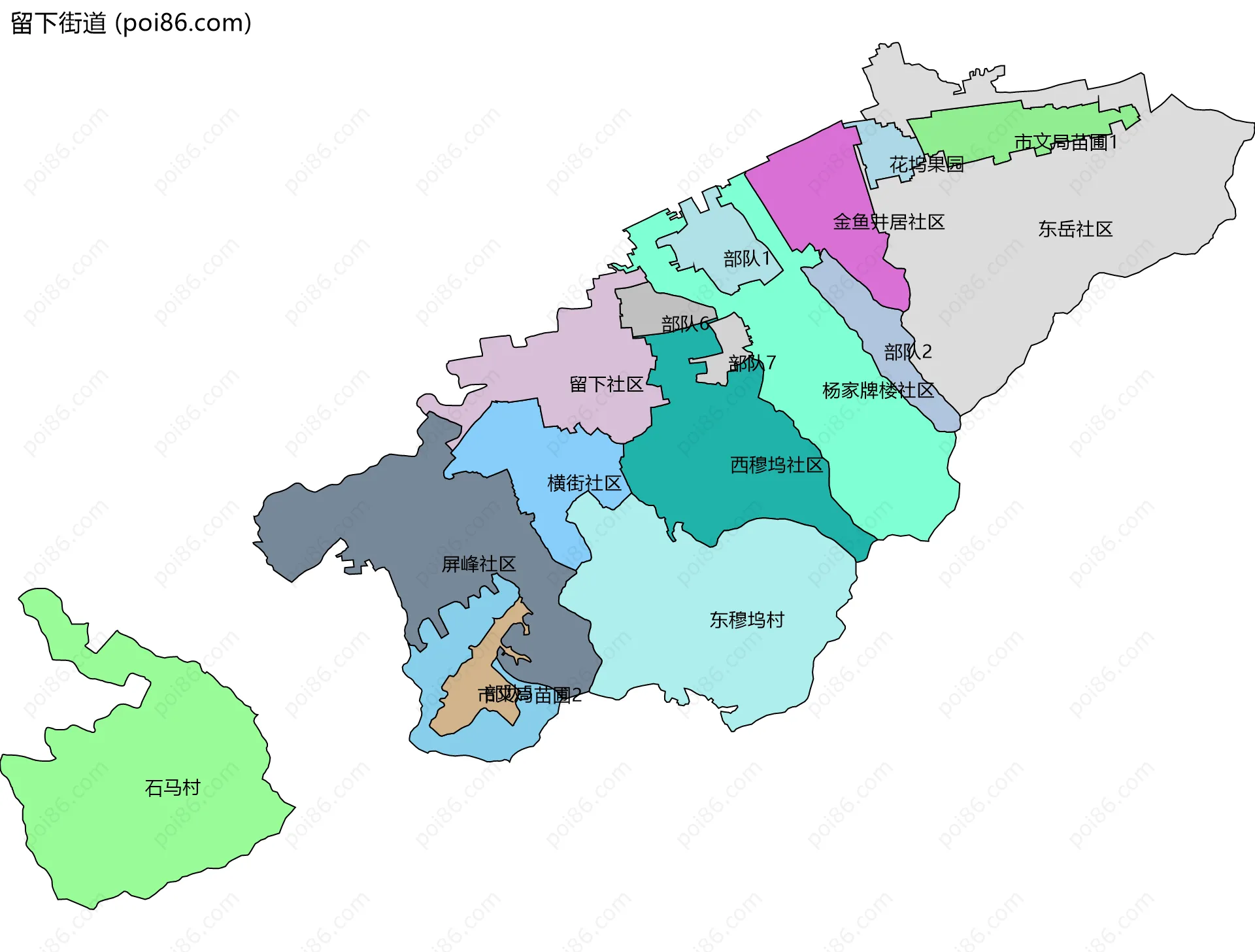 留下街道边界地图(五级行政区划)
