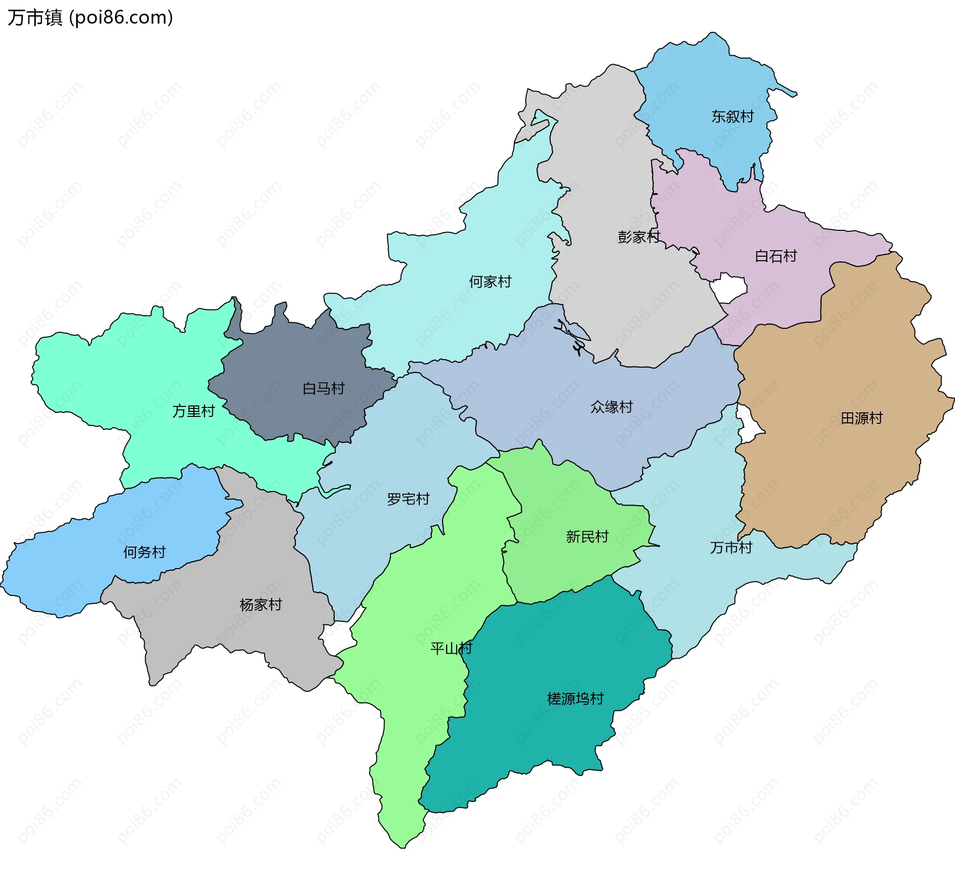 万市镇边界地图(五级行政区划)