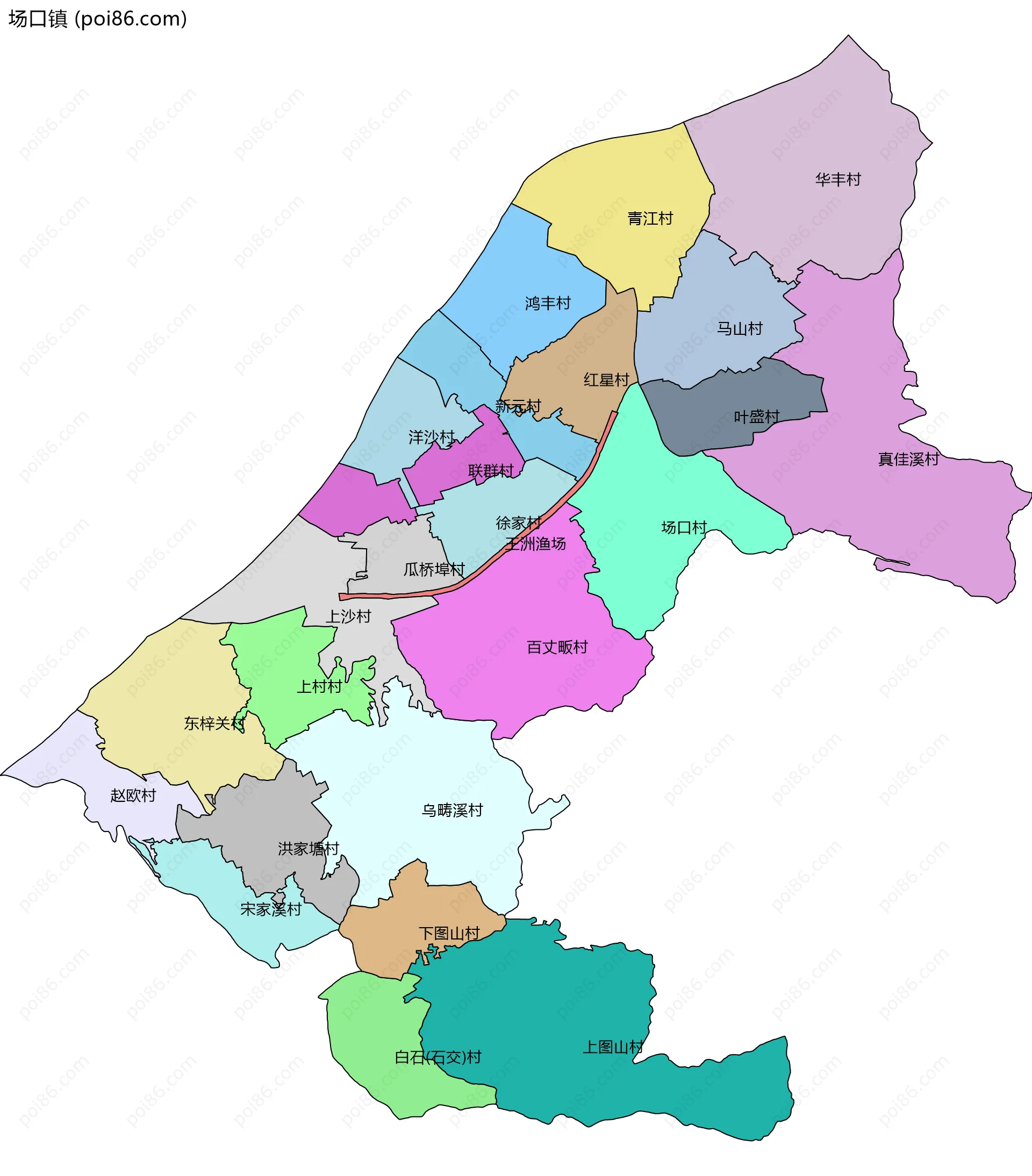 场口镇边界地图(五级行政区划)