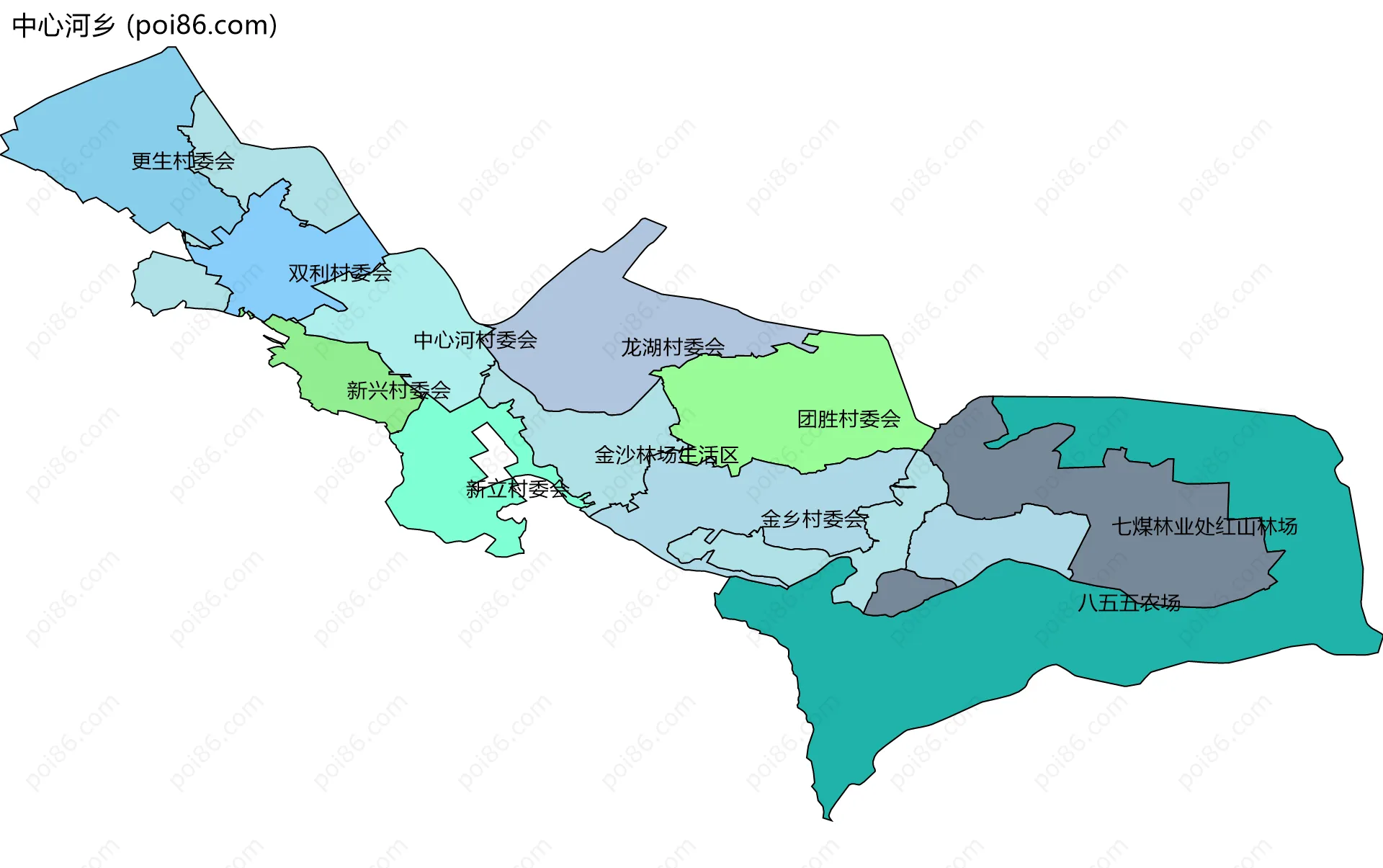 中心河乡边界地图(五级行政区划)