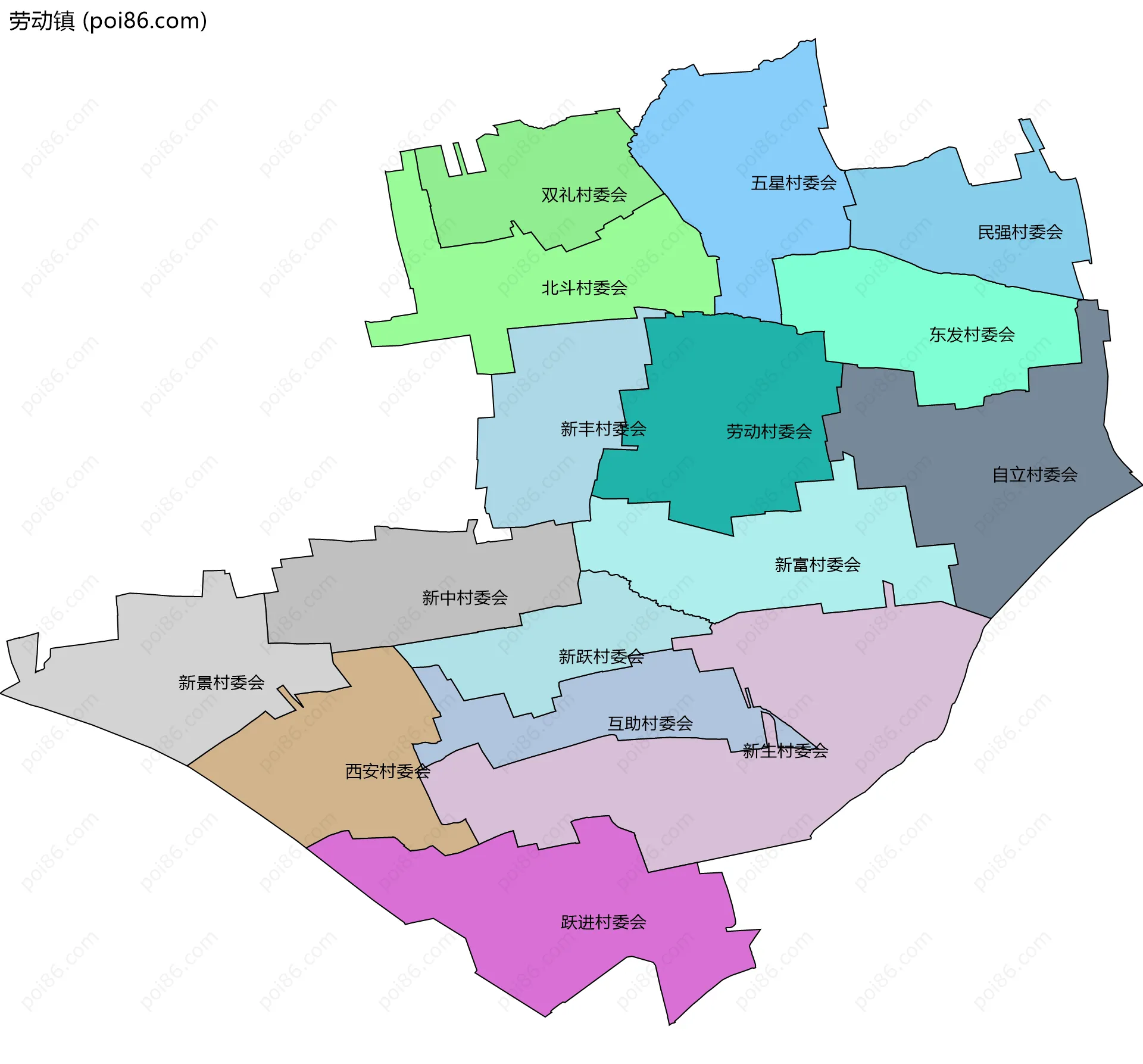 劳动镇边界地图(五级行政区划)