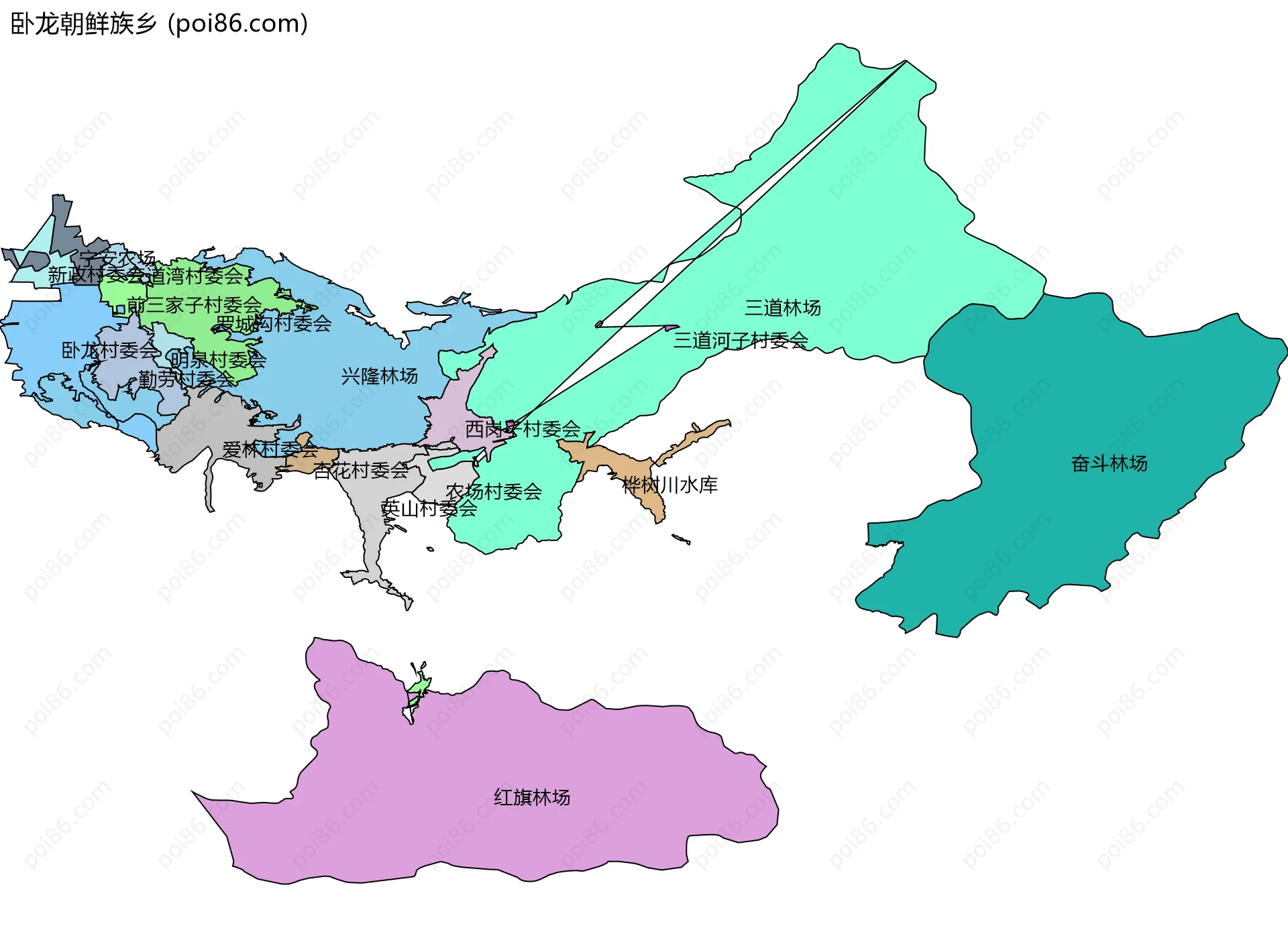卧龙朝鲜族乡边界地图(五级行政区划)