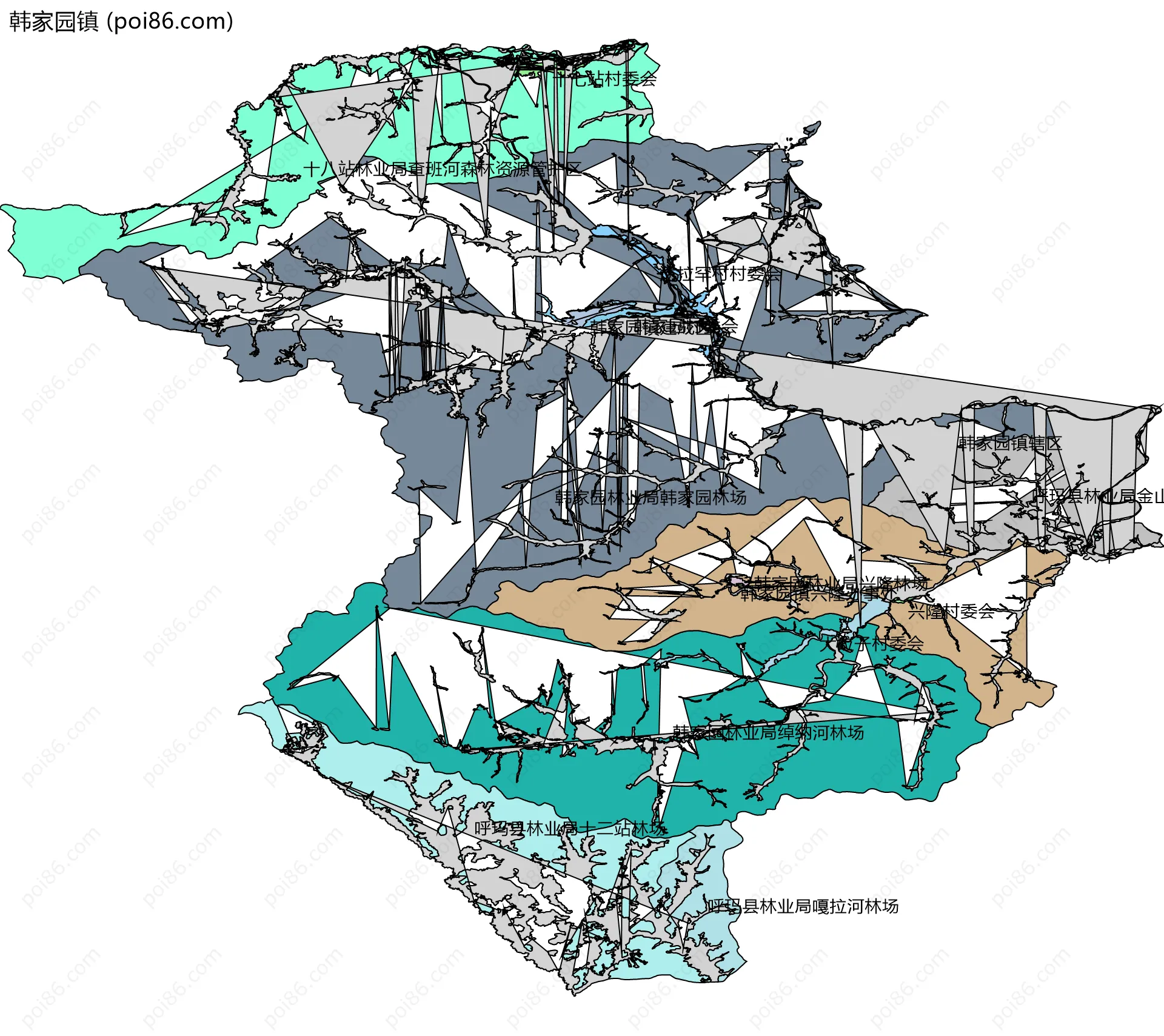韩家园镇边界地图(五级行政区划)