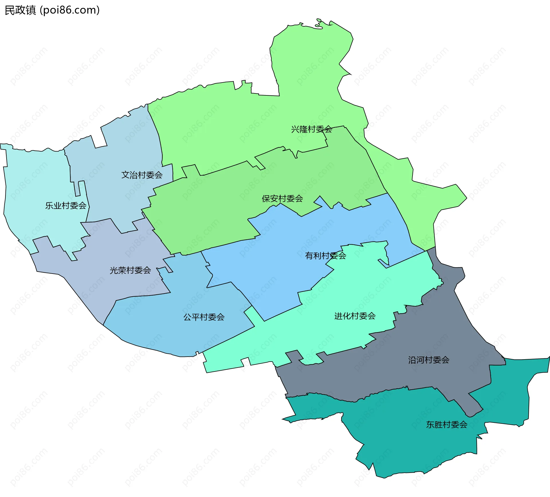 民政镇边界地图(五级行政区划)