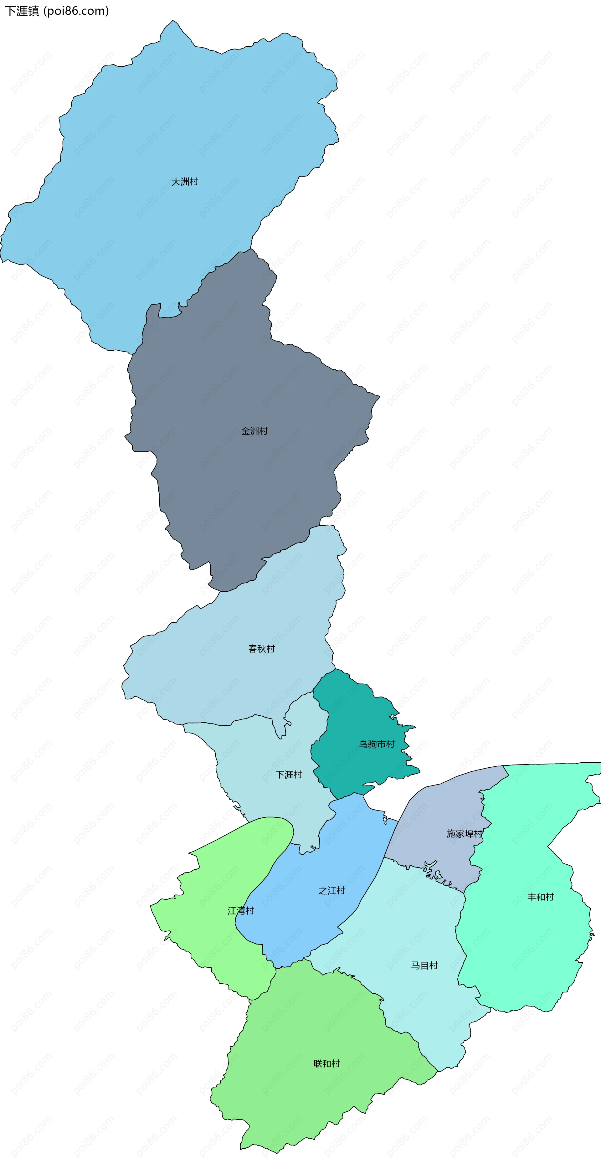 下涯镇边界地图(五级行政区划)