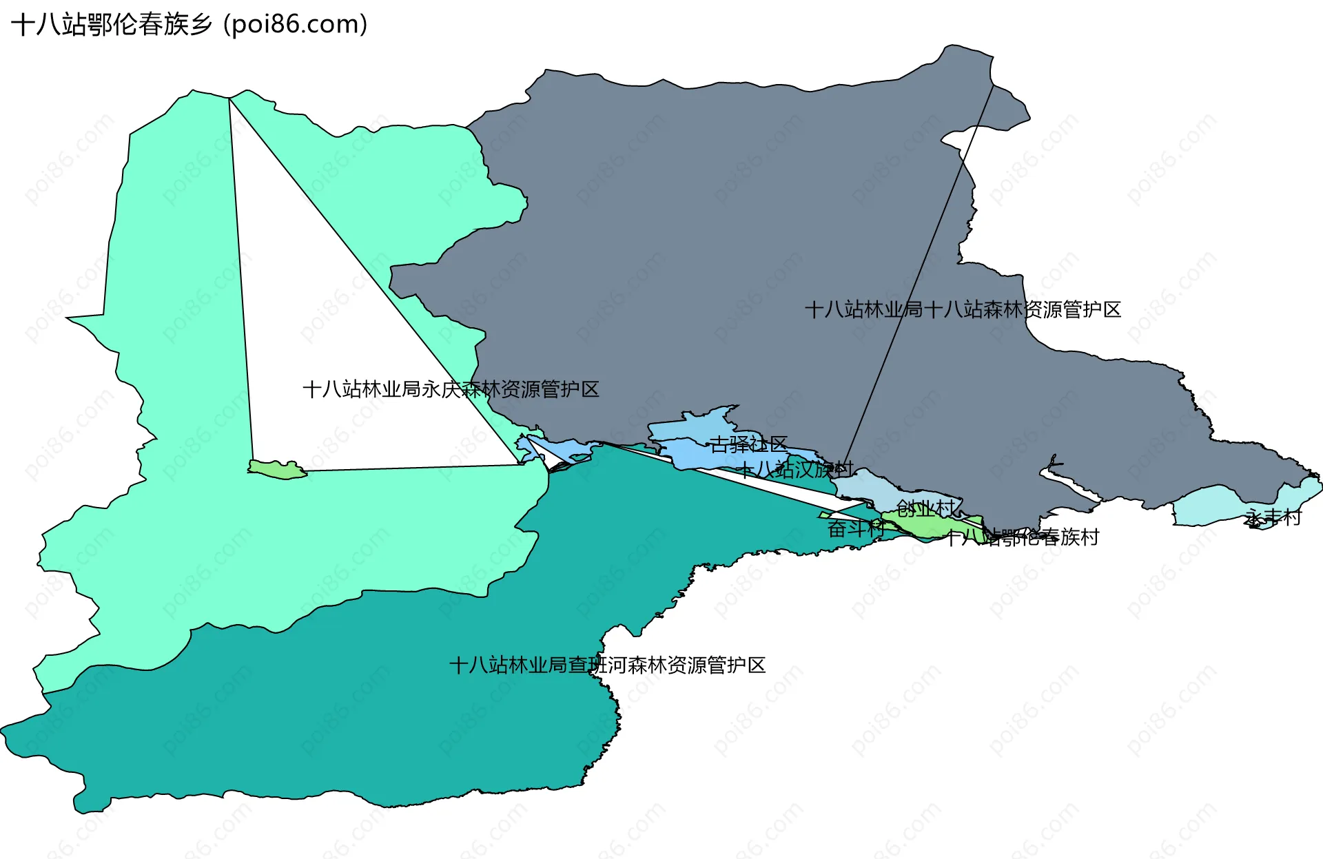 十八站鄂伦春族乡边界地图(五级行政区划)
