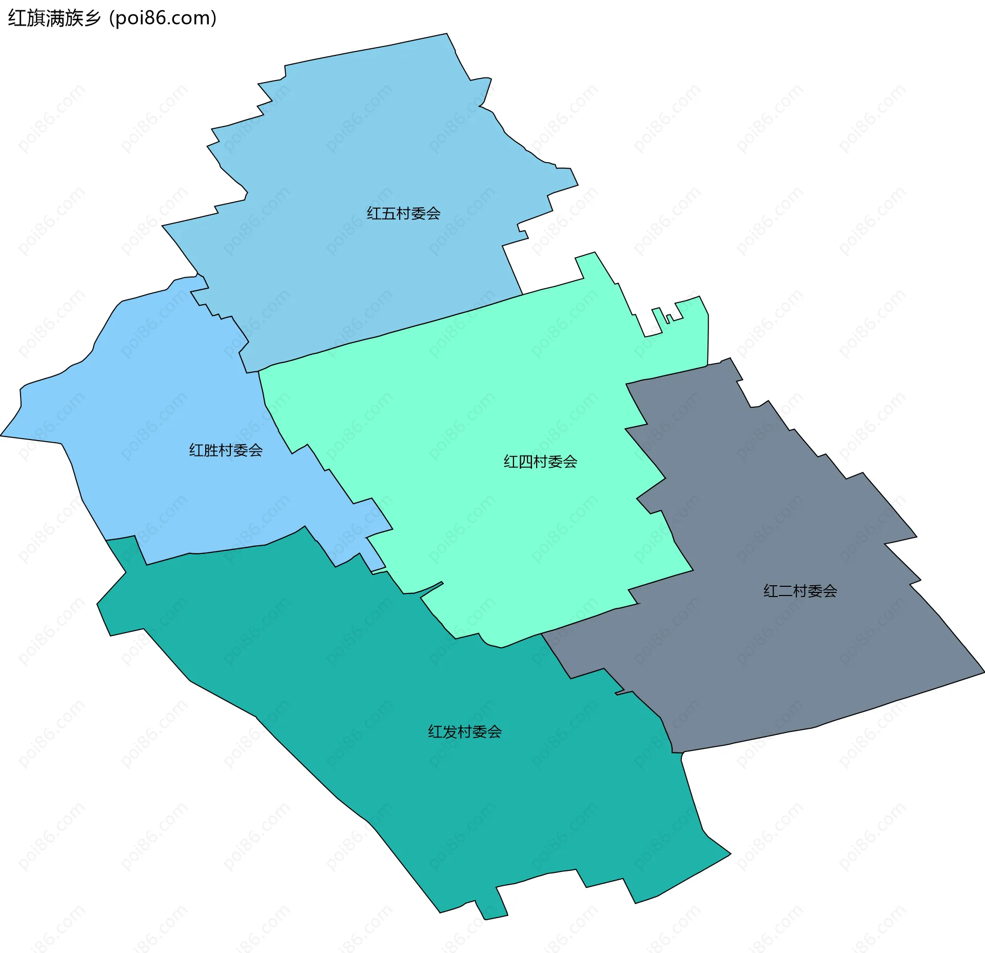 红旗满族乡边界地图(五级行政区划)