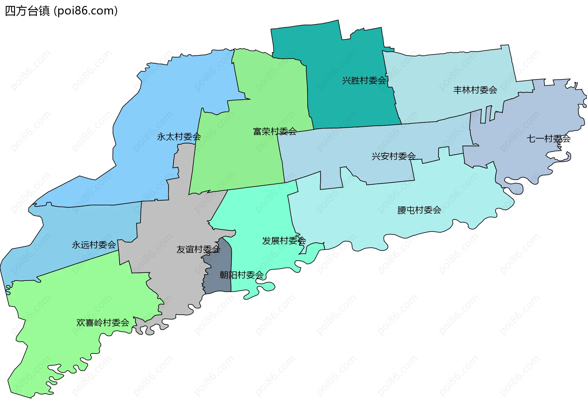 四方台镇边界地图(五级行政区划)