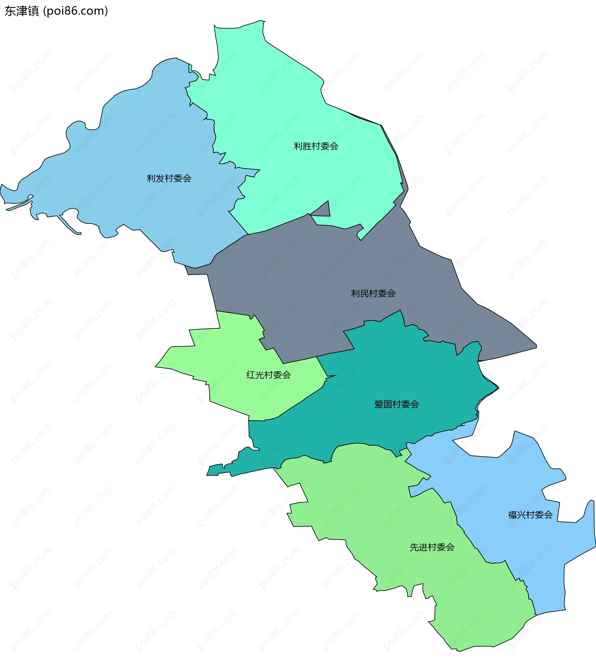 东津镇边界地图(五级行政区划)