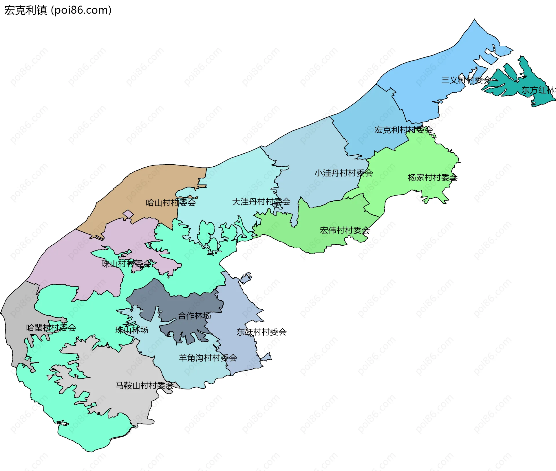 宏克利镇边界地图(五级行政区划)