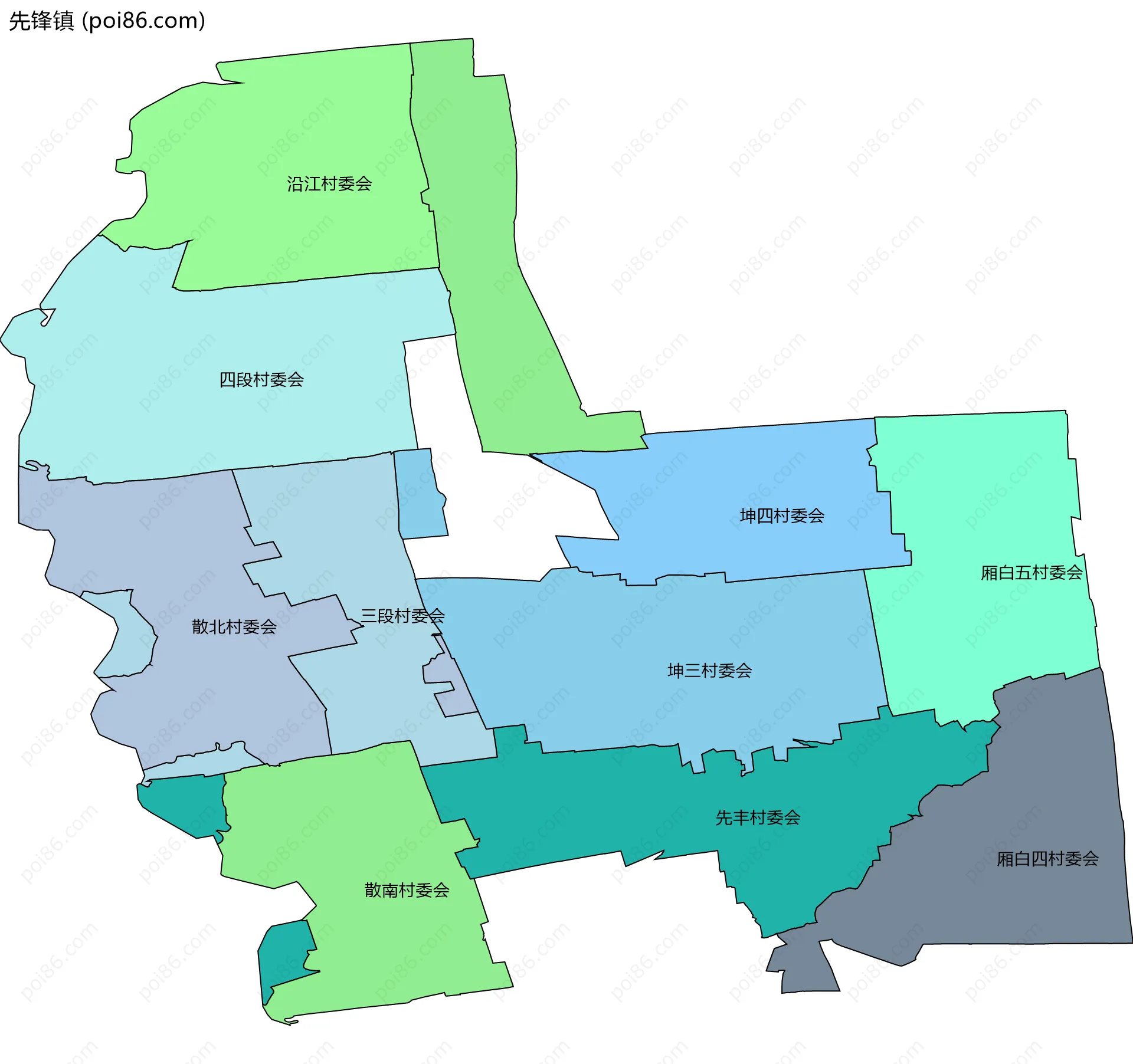 先锋镇边界地图(五级行政区划)