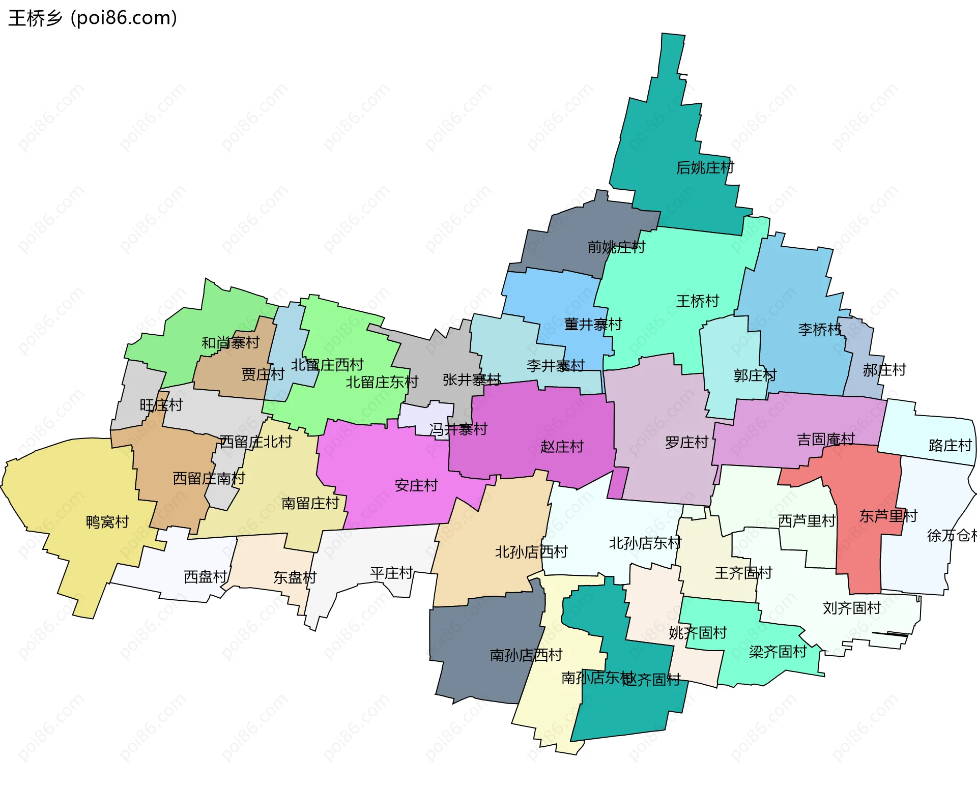王桥乡边界地图(五级行政区划)