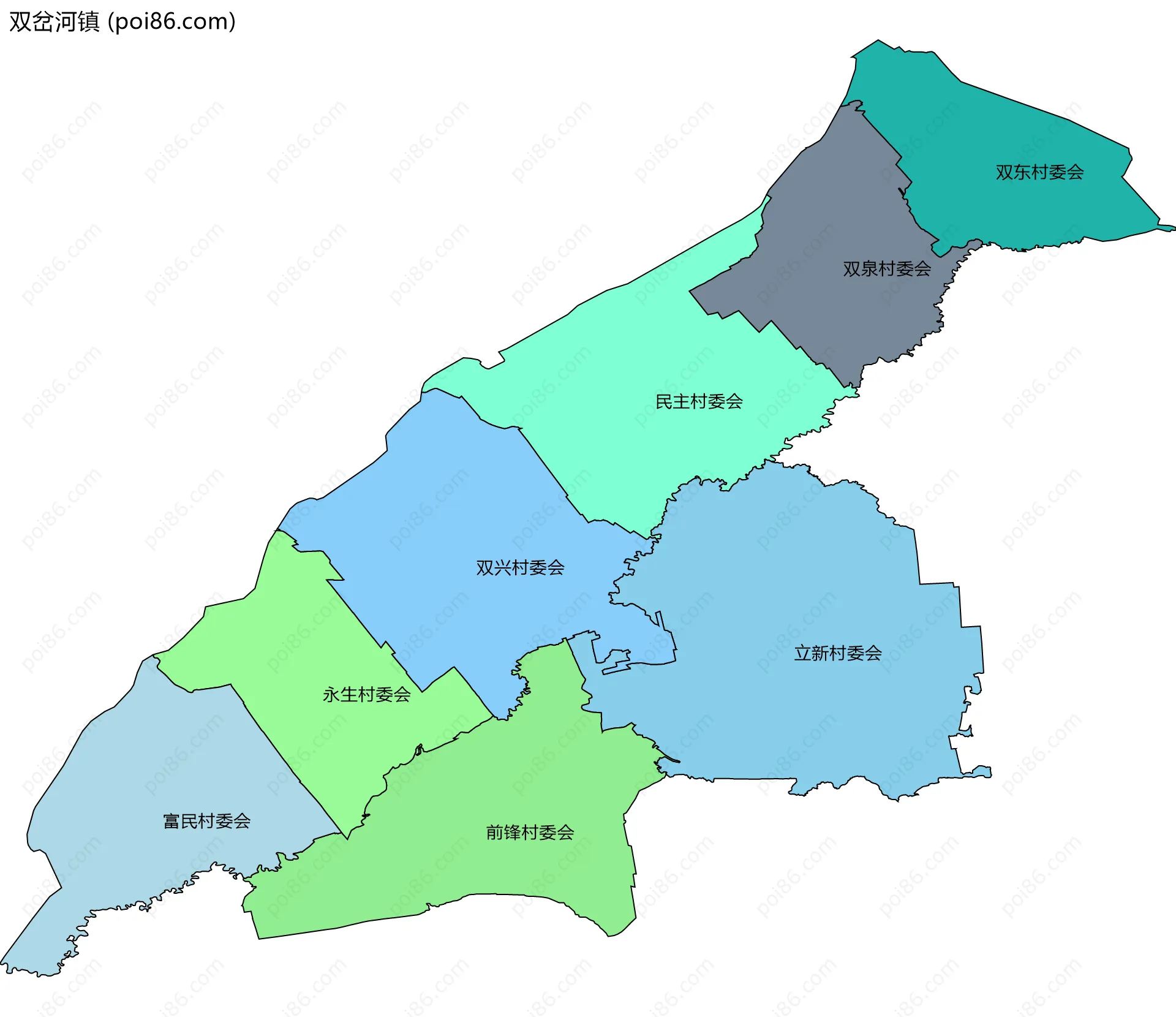双岔河镇边界地图(五级行政区划)