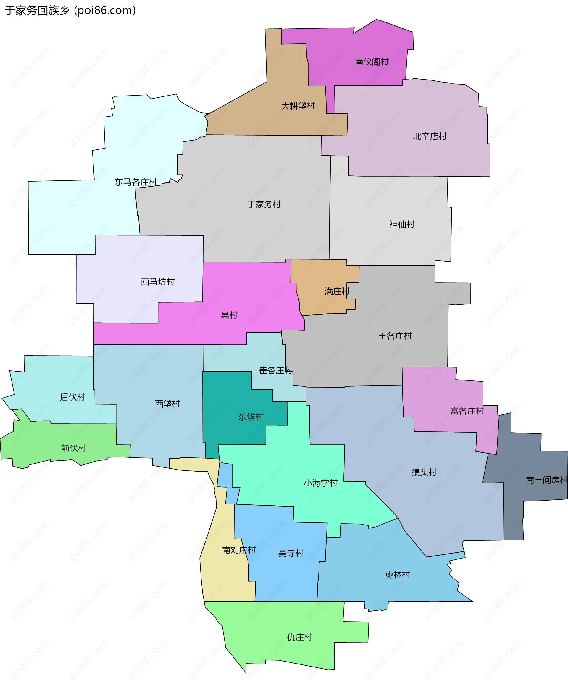 于家务回族乡边界地图(五级行政区划)