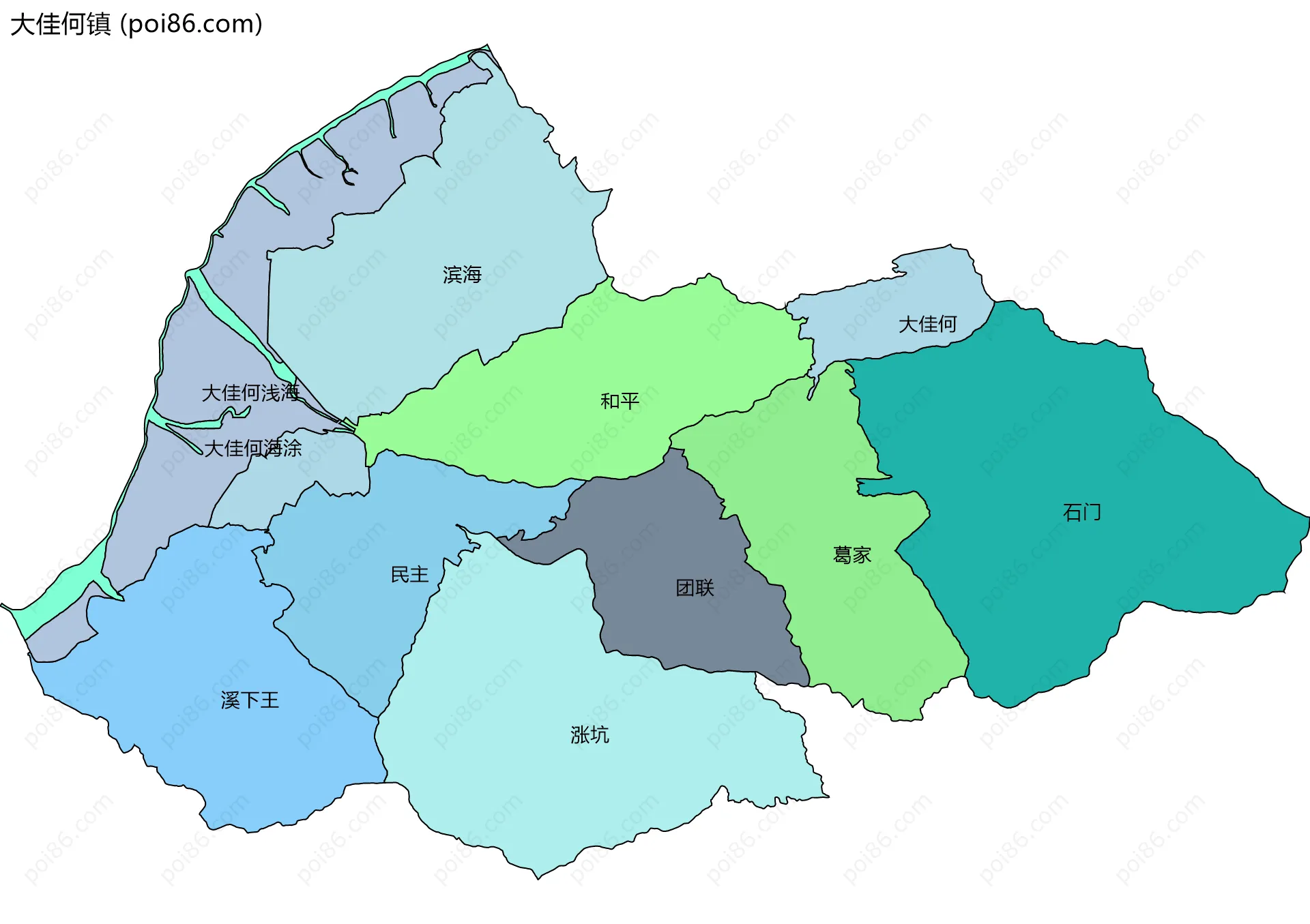大佳何镇边界地图(五级行政区划)