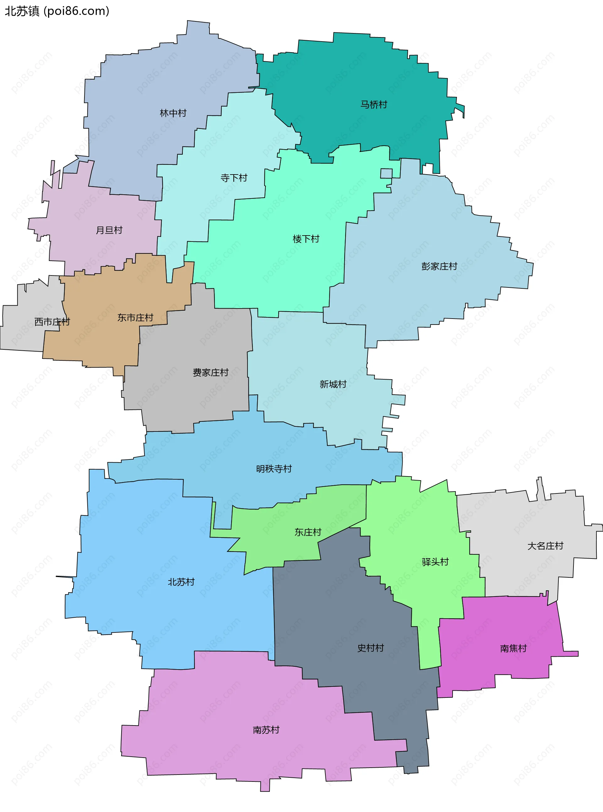 北苏镇边界地图(五级行政区划)