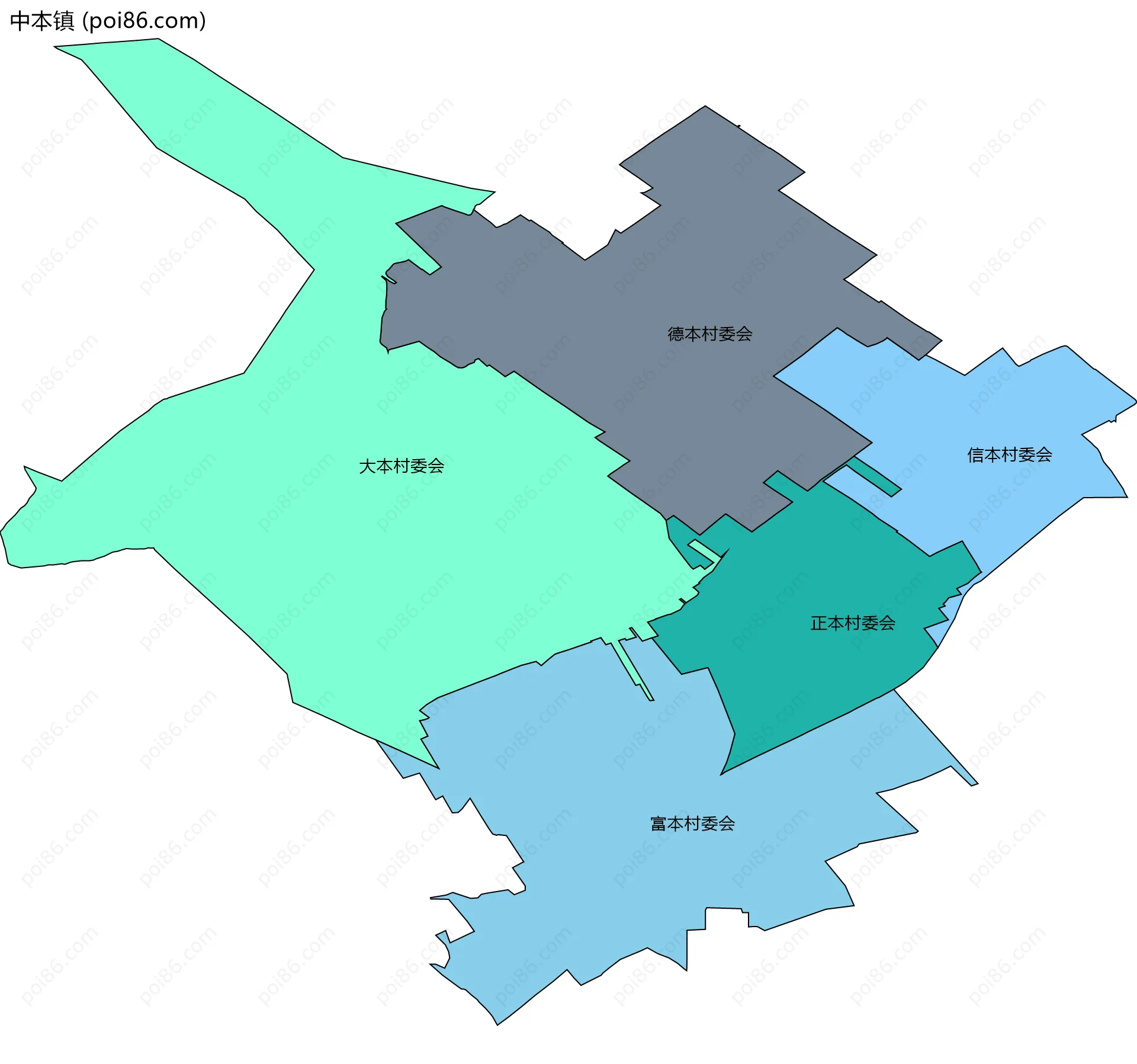 中本镇边界地图(五级行政区划)