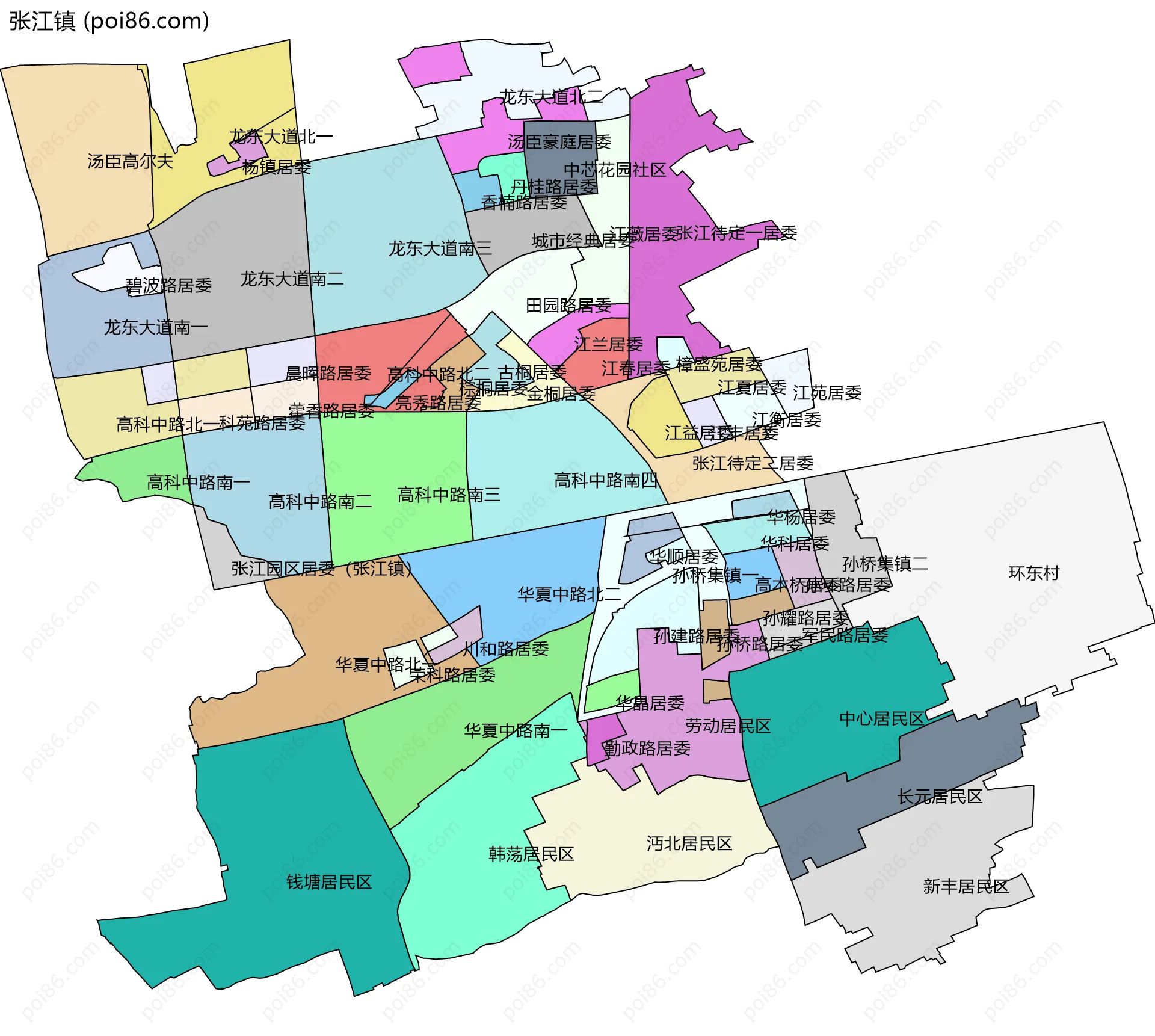 张江镇边界地图(五级行政区划)
