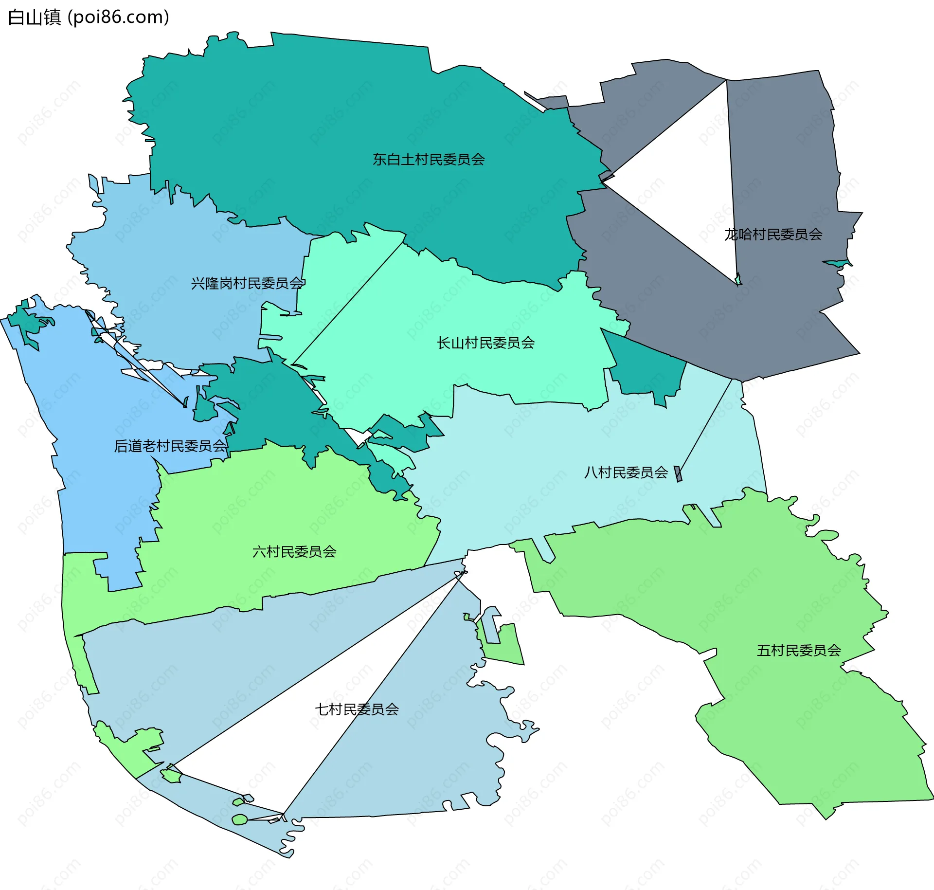 白山镇边界地图(五级行政区划)