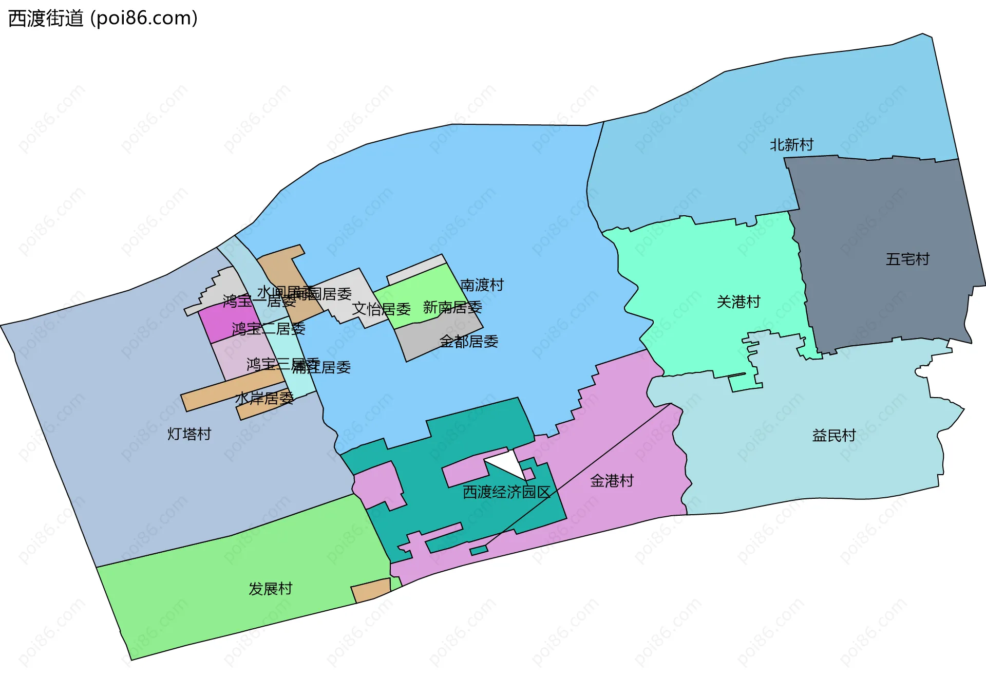 西渡街道边界地图(五级行政区划)