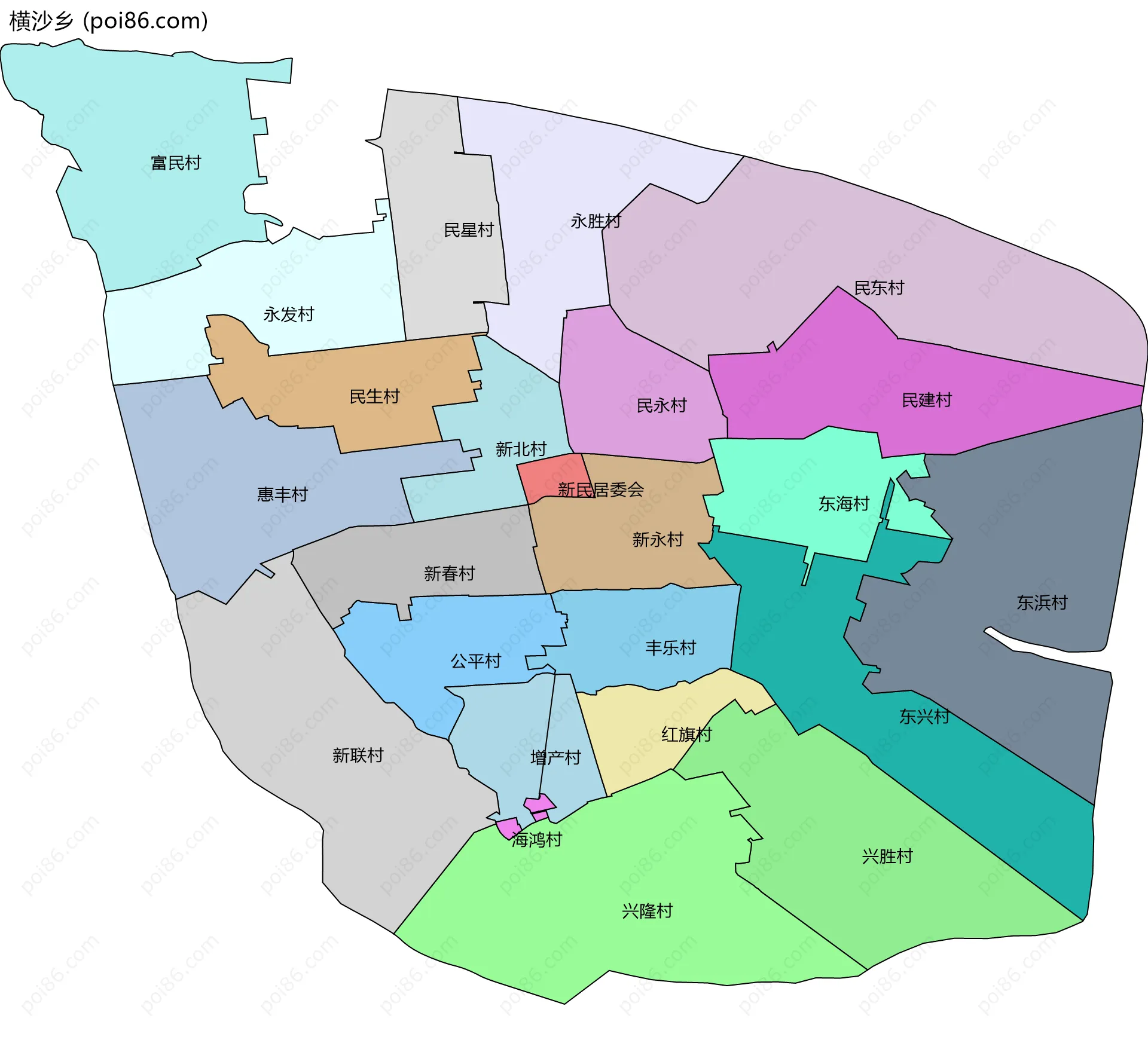 横沙乡边界地图(五级行政区划)